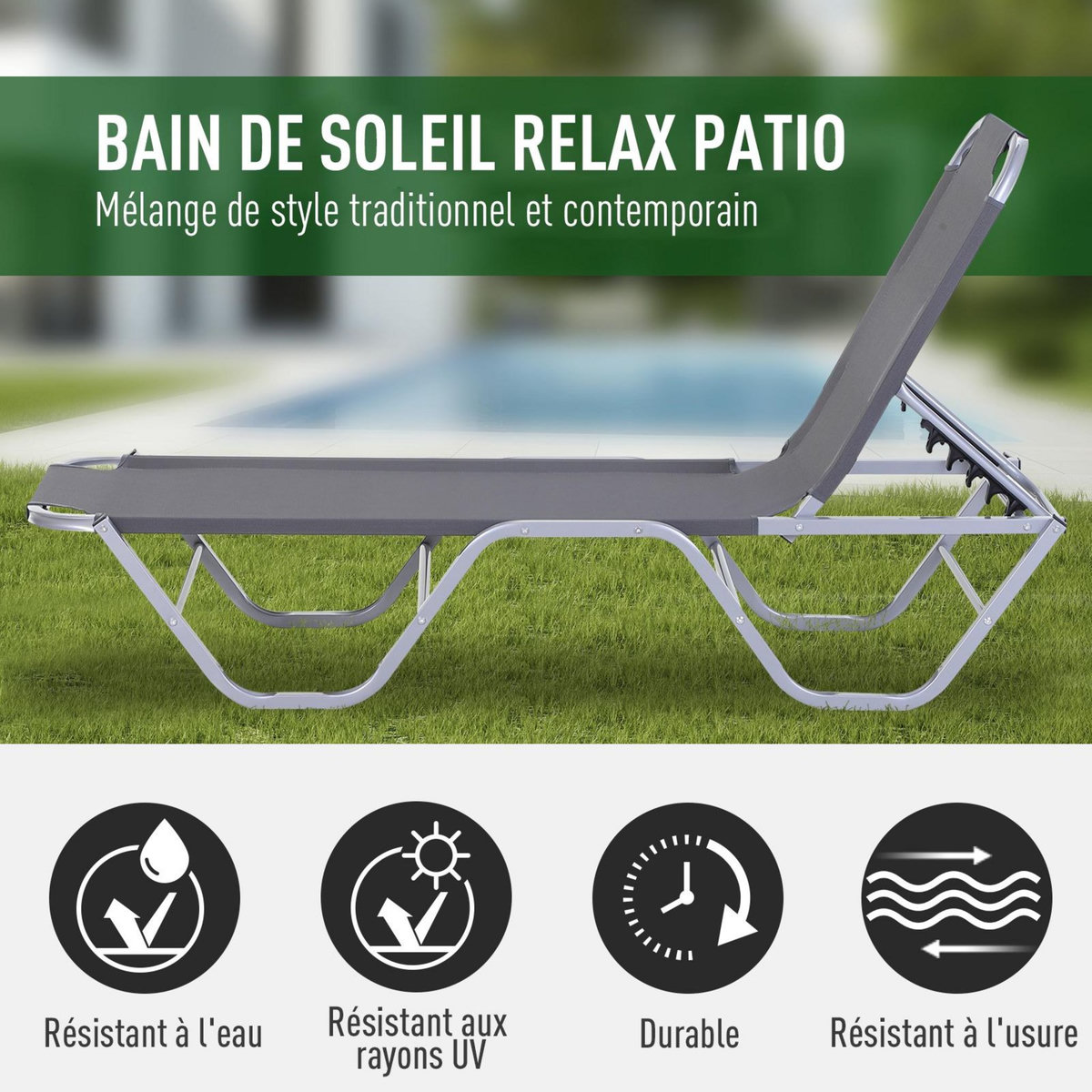 OUTSUNNY Bain de soleil transat design contemporain dossier inclinable multi-positions alu textilène gris