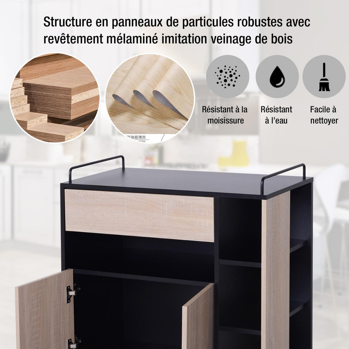 HOMCOM Chariot de service desserte de cuisine à roulettes multi-rangements placard double portes + 3 étagères + niche + tiroir panneaux particules noir chêne