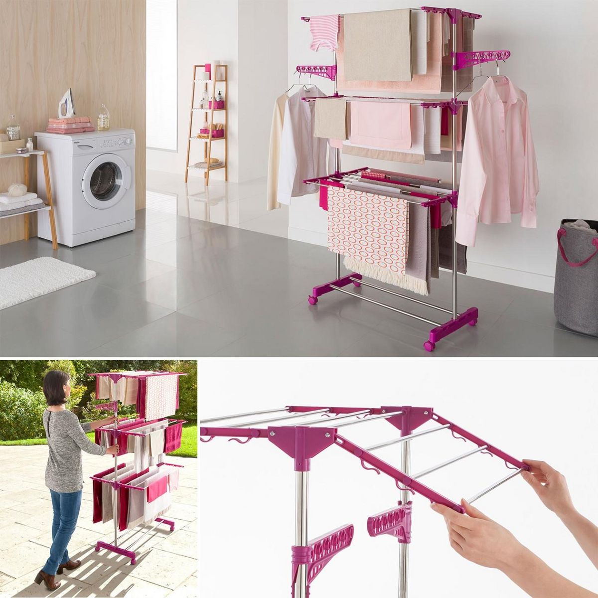 ID MARKET Séchoir à linge vertical pliable 3 niveaux MAXIMA capacité 20M rose