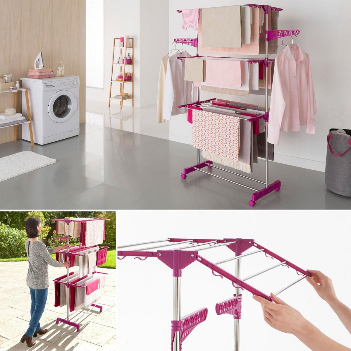 ID MARKET Séchoir à linge vertical pliable 3 niveaux MAXIMA capacité 20M rose