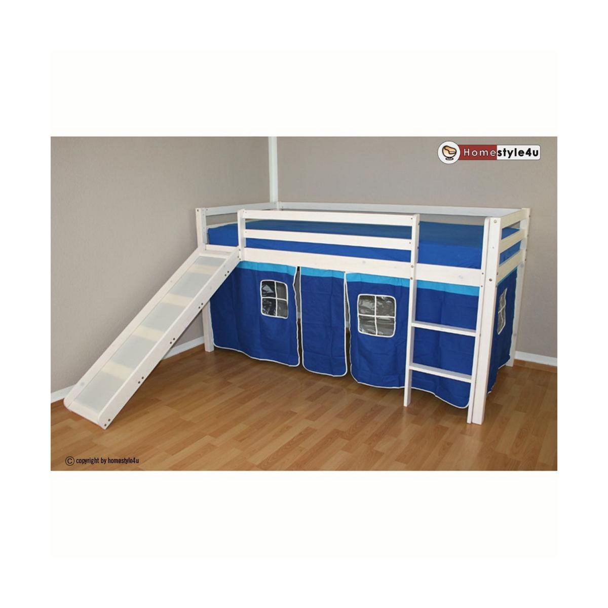 HomeStyle4U Lit Simple Blanc 90x200 en hauteur avec echelle et rideau bleu et toboggan