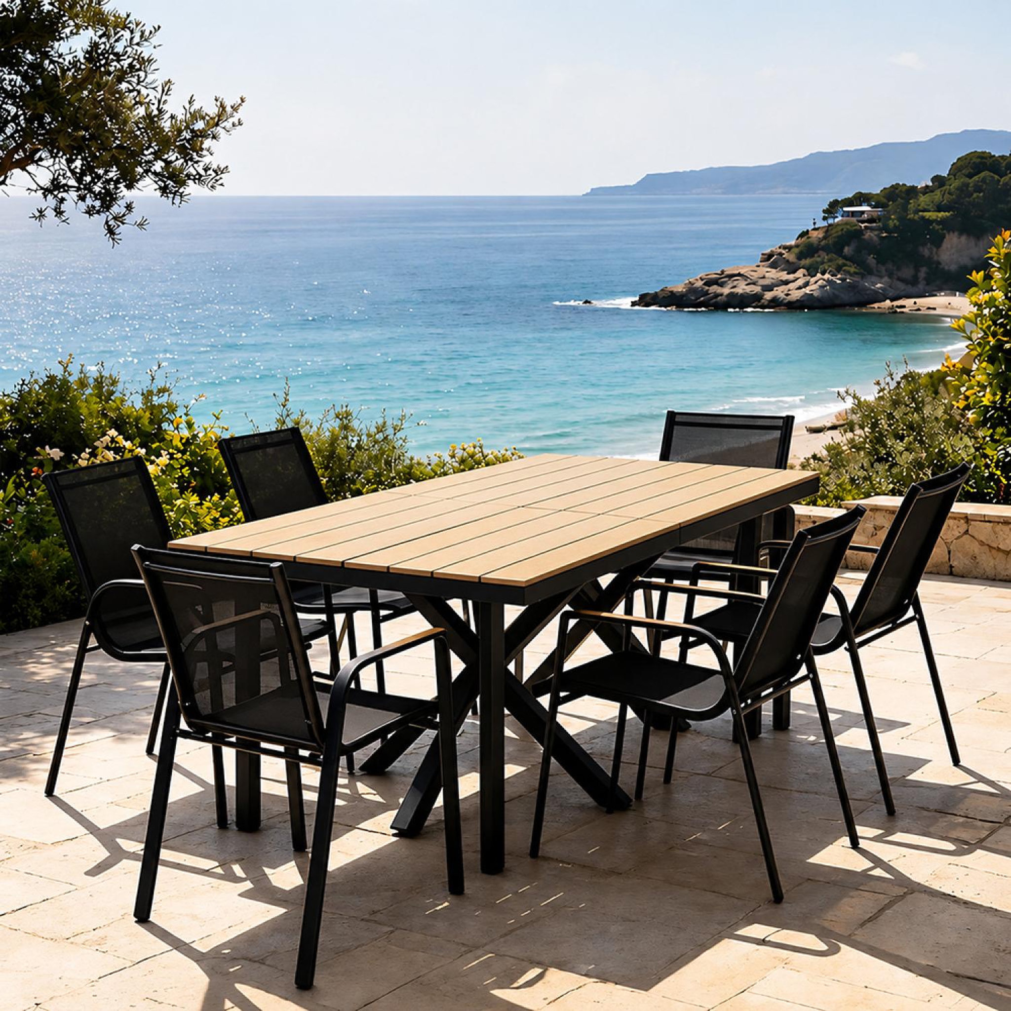 Voir la diapositive 2 : CONCEPT USINE Ensemble de jardin table 190cm effet bois + 6 fauteuils ALMADA