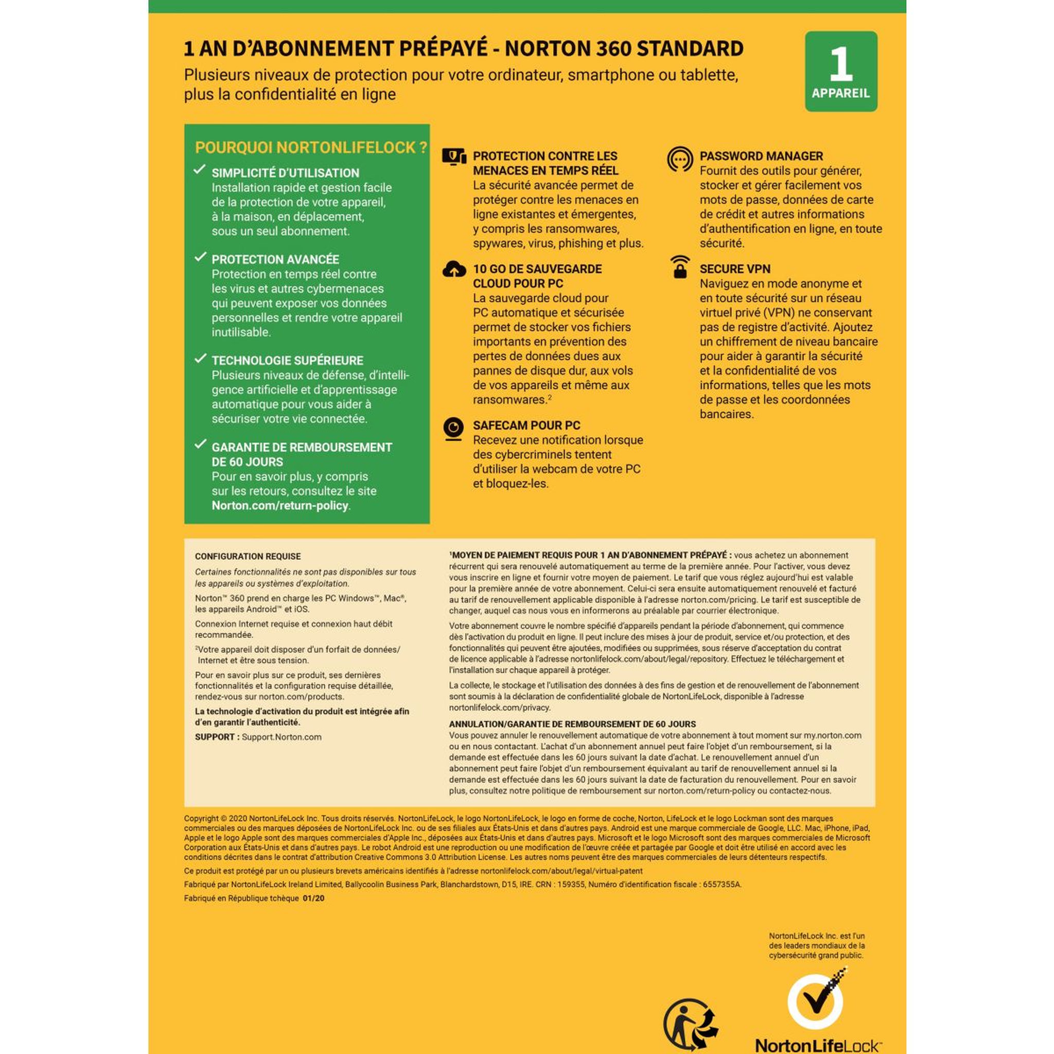 Voir la diapositive 3 : NORTON LIFELOCK Logiciel antivirus et optimisation 360 Standard 10Go 1 poste