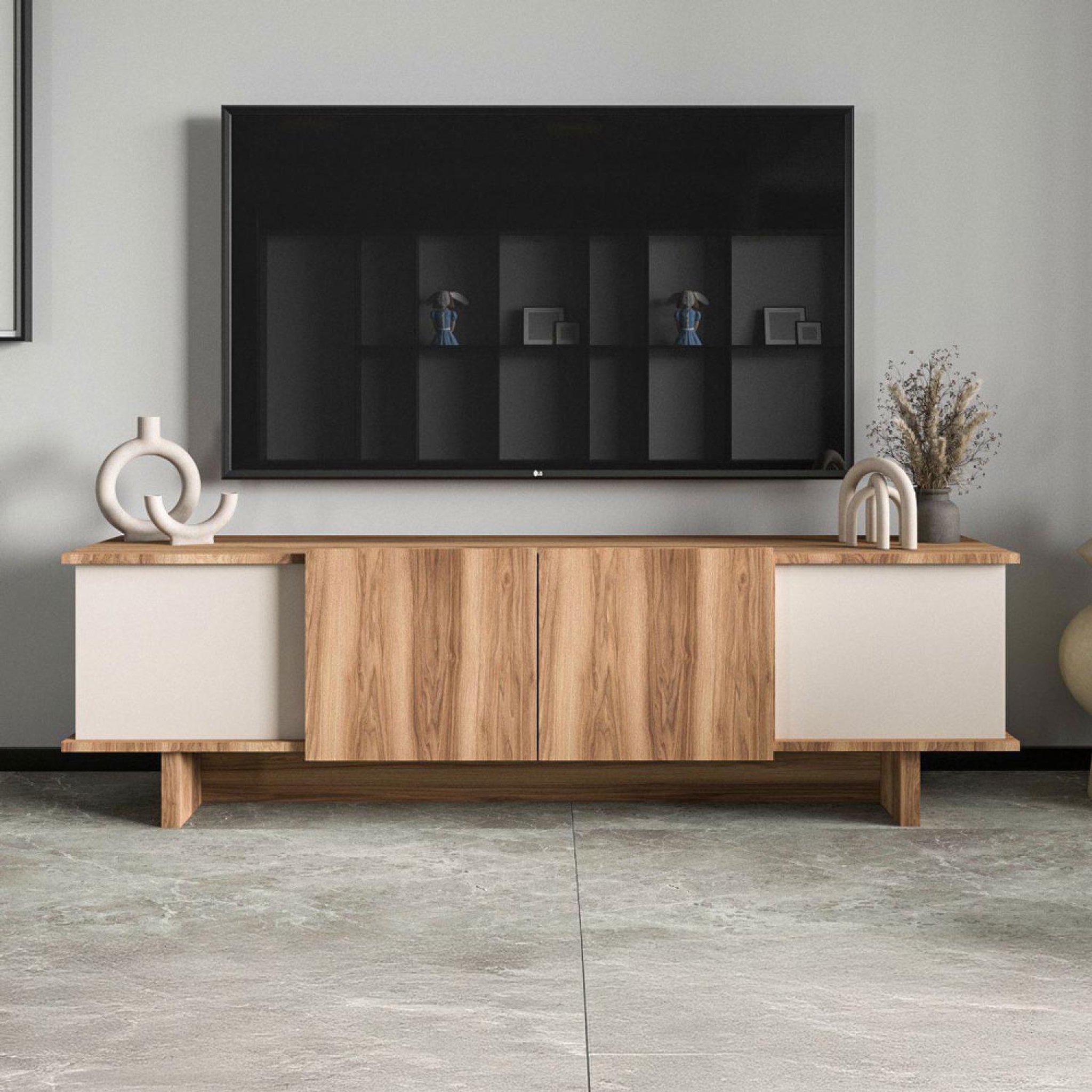 Voir la diapositive 2 : CONCEPT USINE Meuble tv design avec placards aspect bois et beige 180cm brona