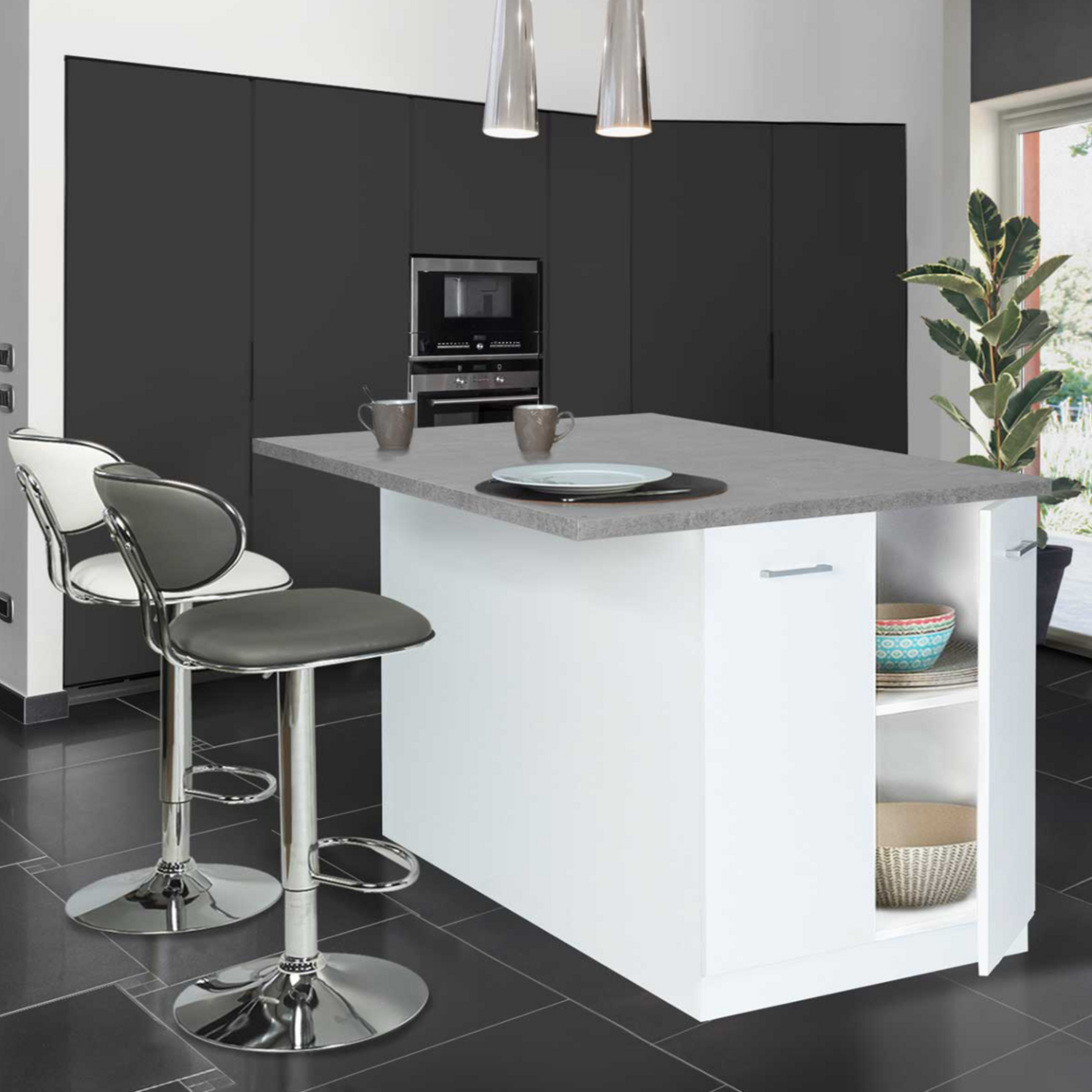 ID MARKET Ilot central IVO 120 cm blanc avec plan de travail effet béton