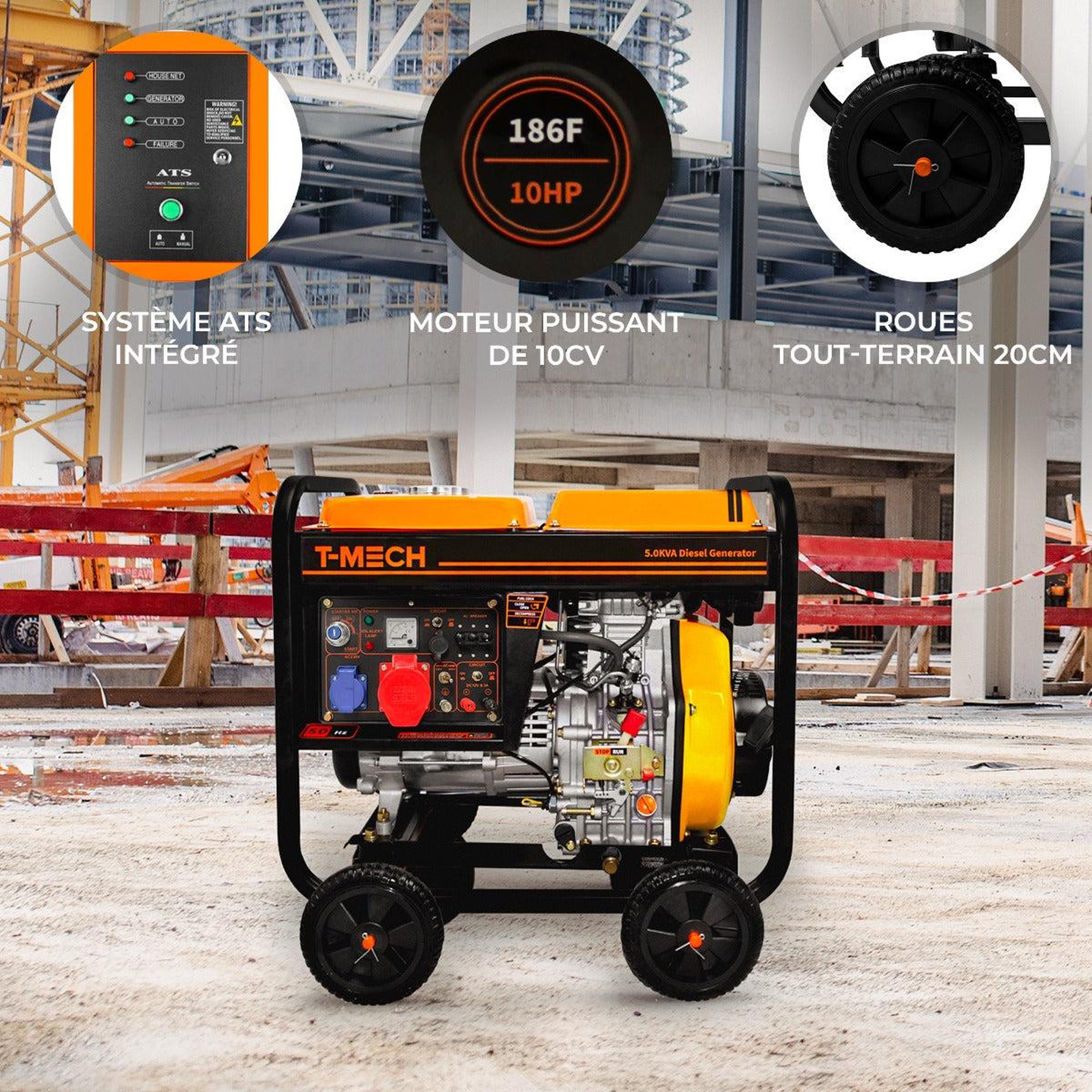 Voir la diapositive 2 : T-MECH Générateur à diesel triphasé à cadre ouvert - 5 000 w