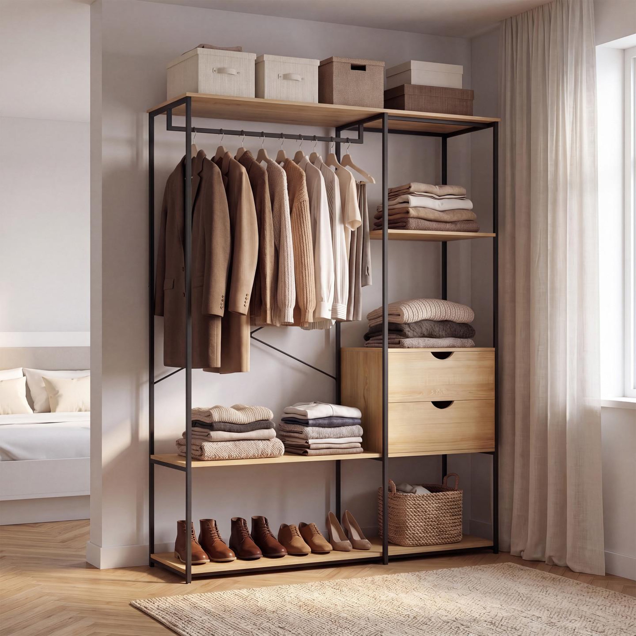 Voir la diapositive 2 : ID MARKET Dressing penderie avec étagères et 2 tiroirs l. 130 cm detroit design industriel