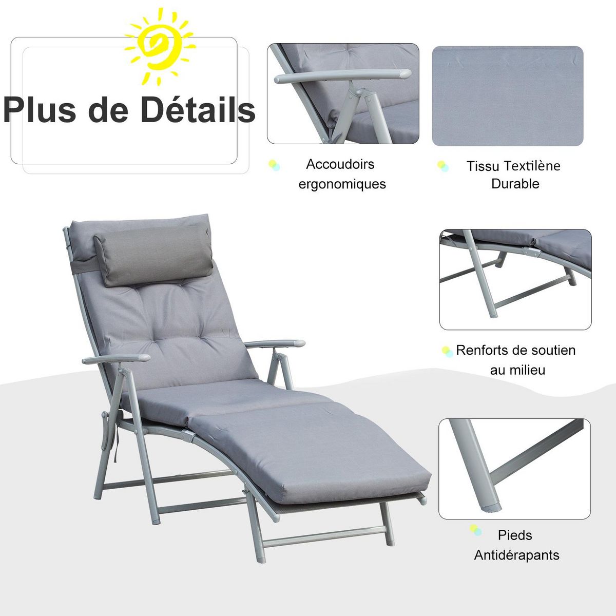 OUTSUNNY Bain de soleil pliable transat inclinable 7 positions chaise longue grand confort avec matelas + accoudoirs métal époxy textilène polyester gris