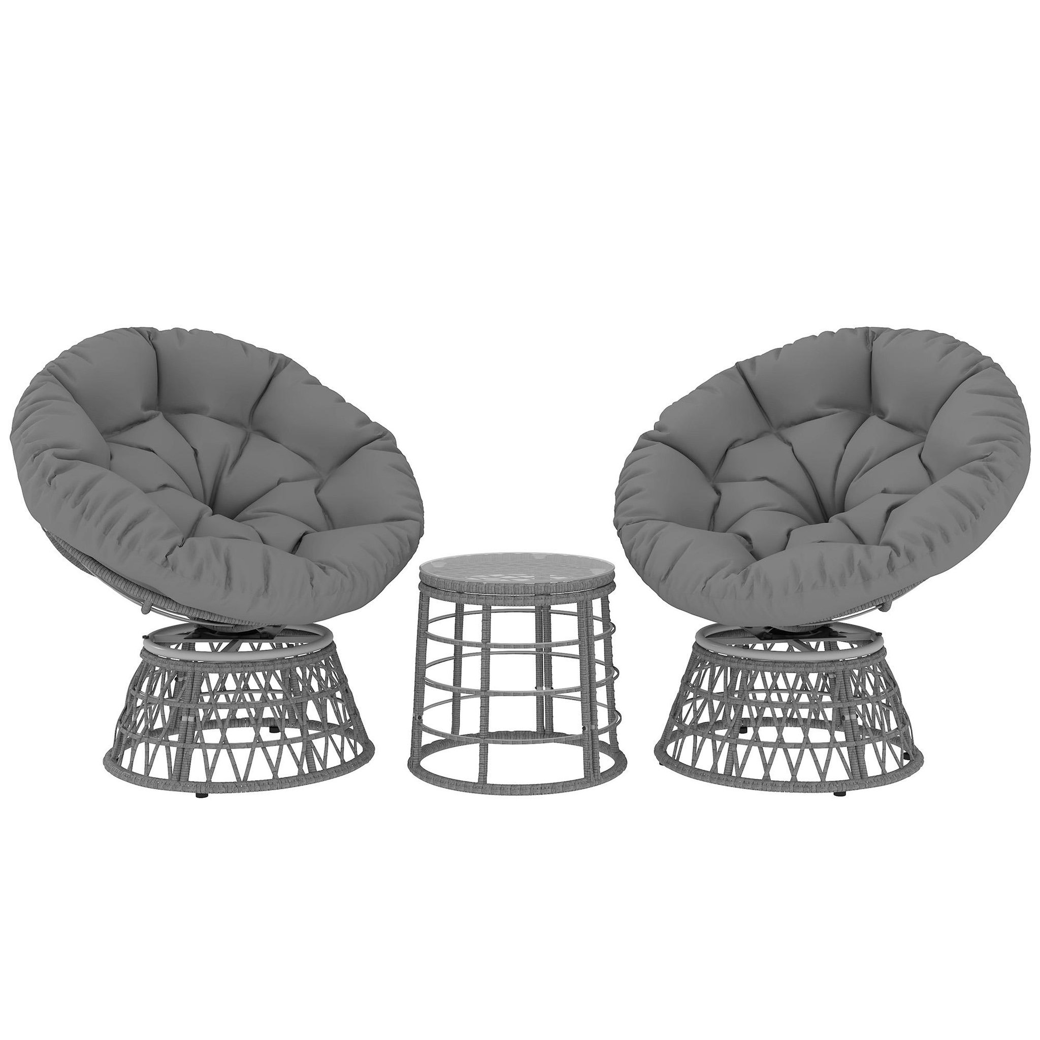 OUTSUNNY Ensemble salon de jardin 3 pcs - 2 fauteuils papasan, table basse - 2 grands coussins inclus - résine grise