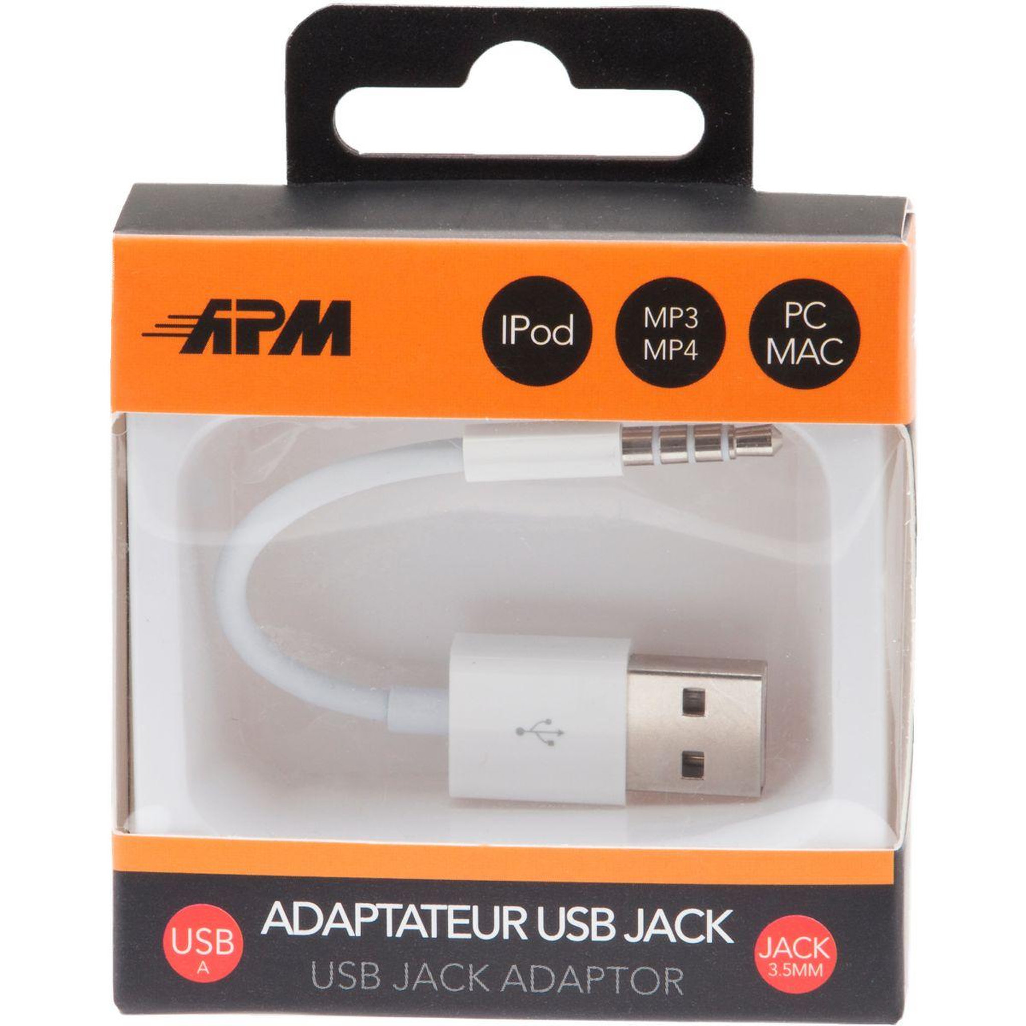 Voir la diapositive 2 : APM Adaptateur jack usb-a/jack 3.5mm male/male blanc