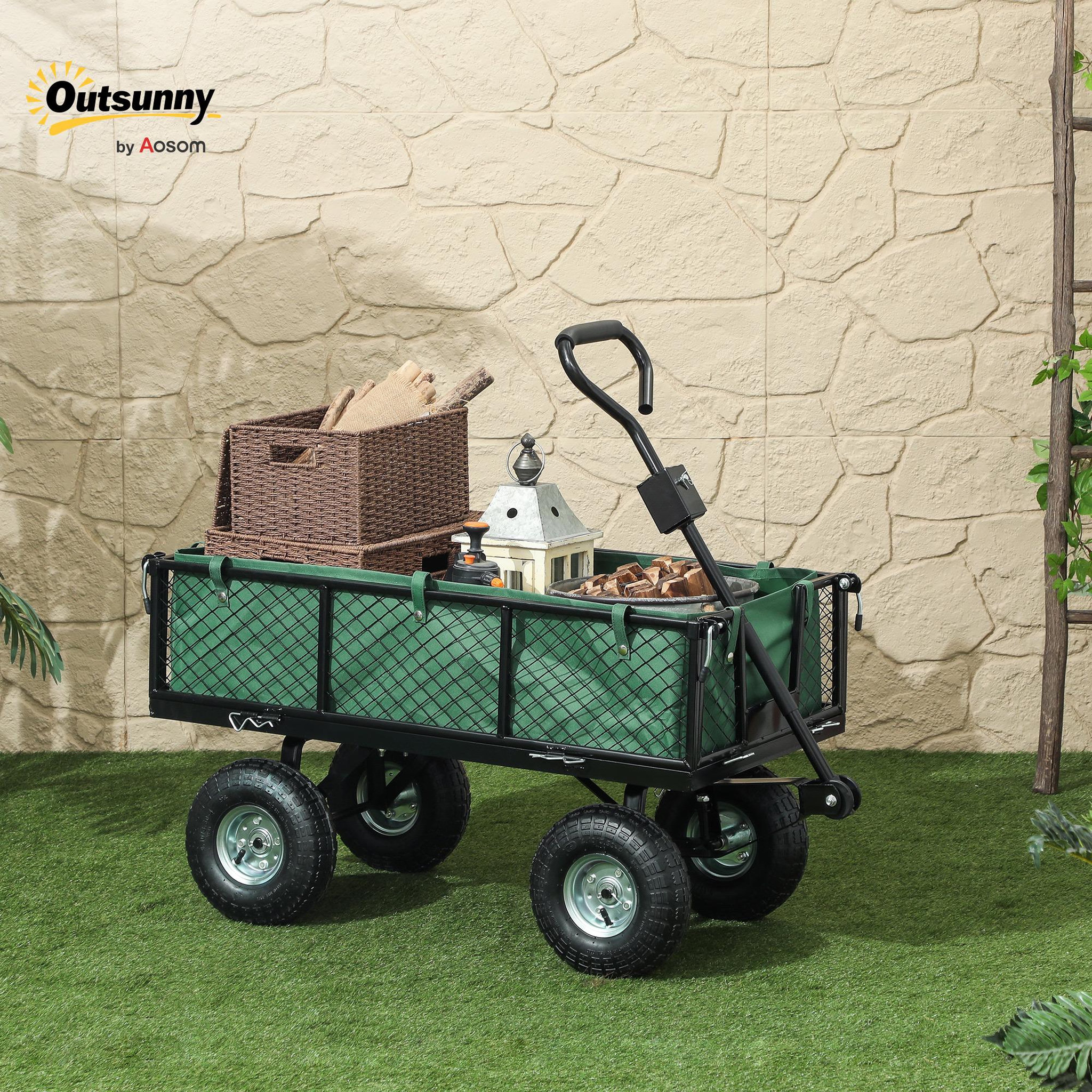 Voir la diapositive 4 : OUTSUNNY Chariot de jardin en acier - chariot de transport - côtés amovibles, poignée rotative - max. 300 Kg - vert