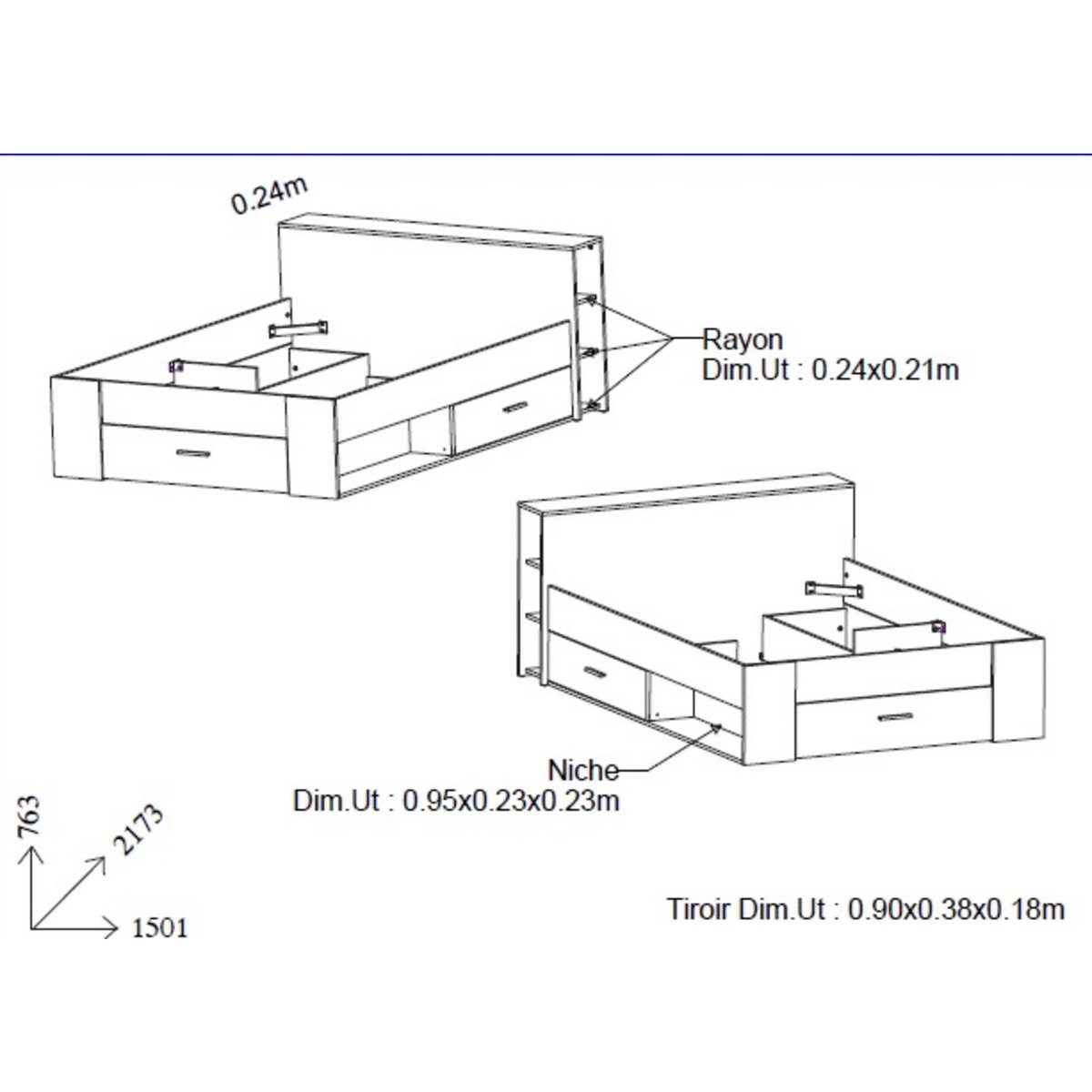 Lit 140 x190 cm avec tête de lit et rangements ILIAN