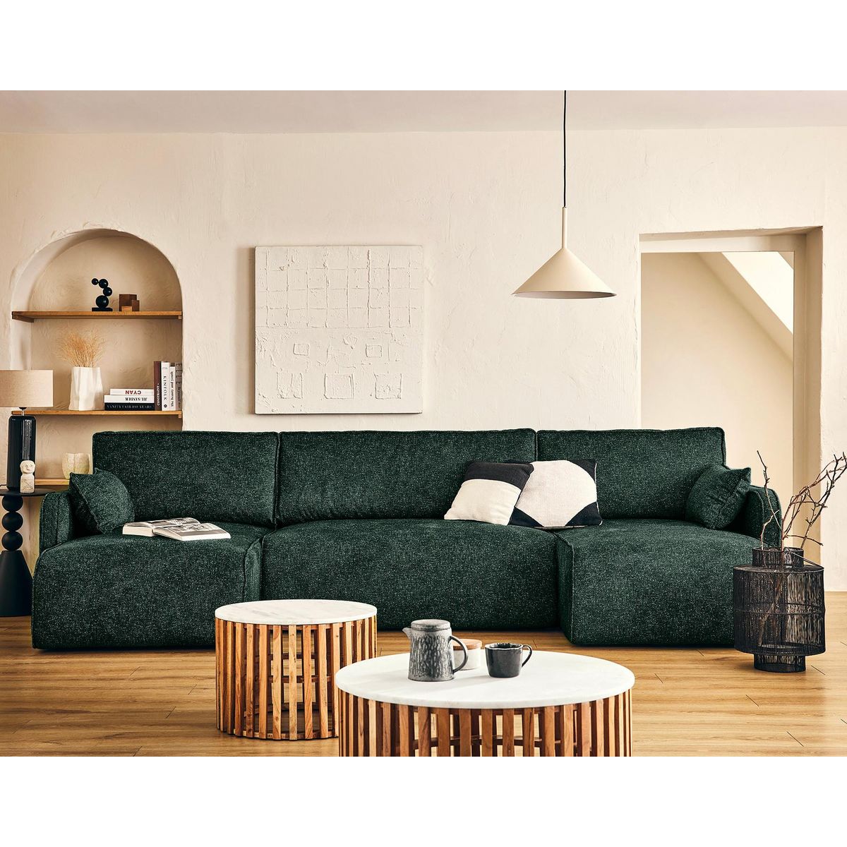 LISA DESIGN Apolline - canapé panoramique en u 7 places convertible avec coffres en tissu moucheté