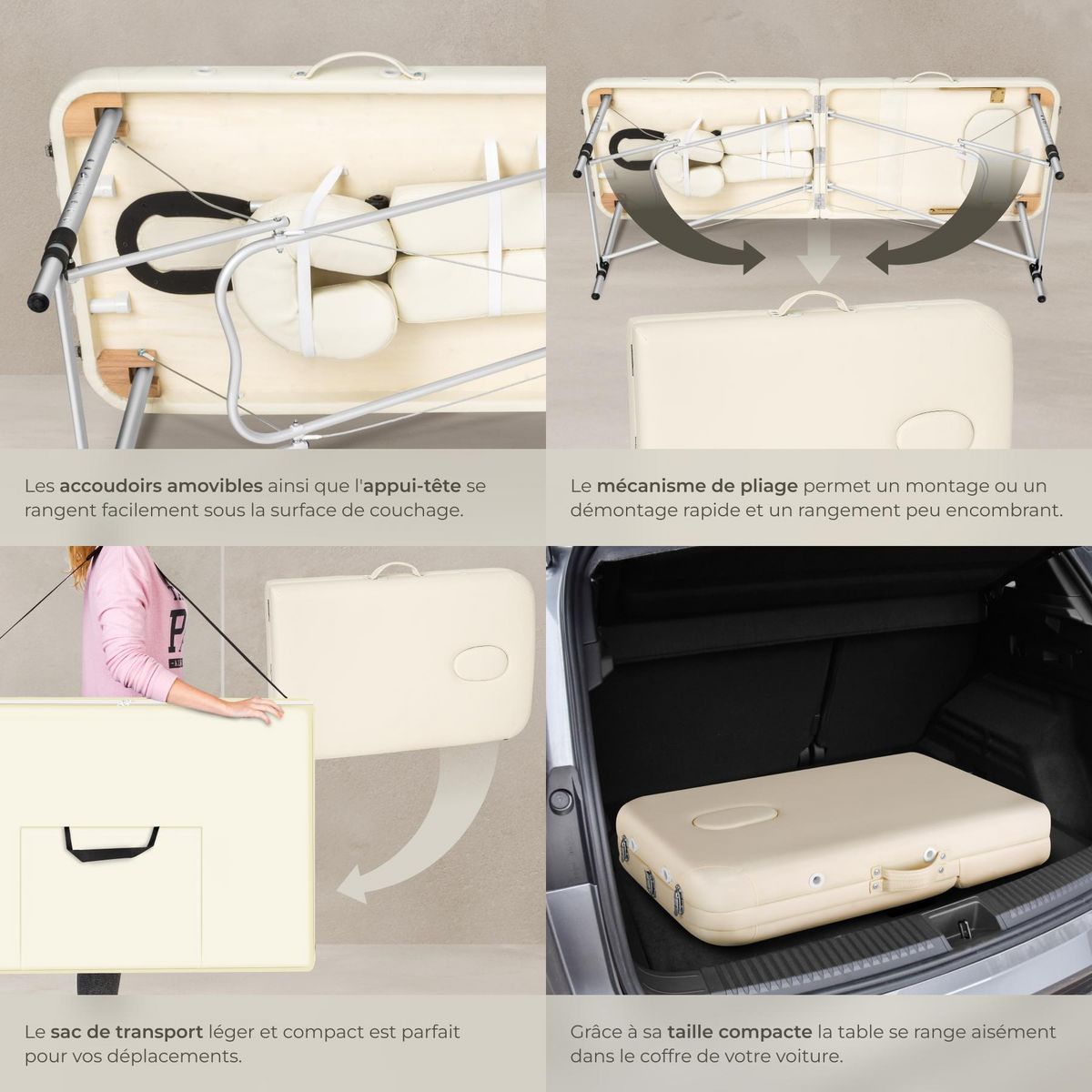 tectake Table de massage portable pliante à 3 zones largeur 60 cm et rembourrage de 5 cm beige