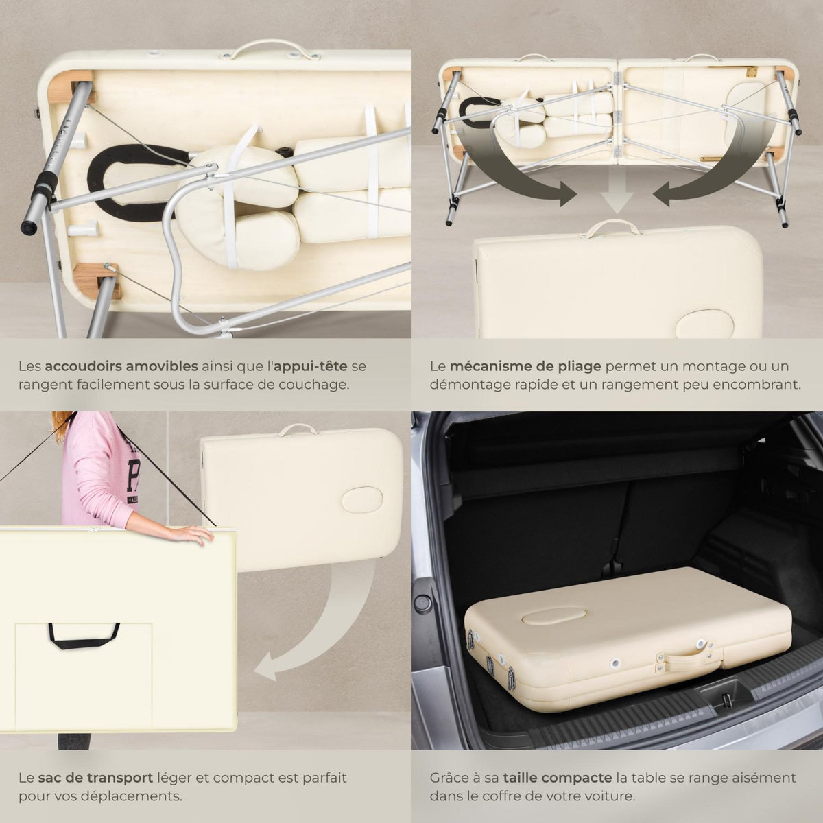 tectake Table de massage portable pliante à 3 zones largeur 60 cm et rembourrage de 5 cm beige