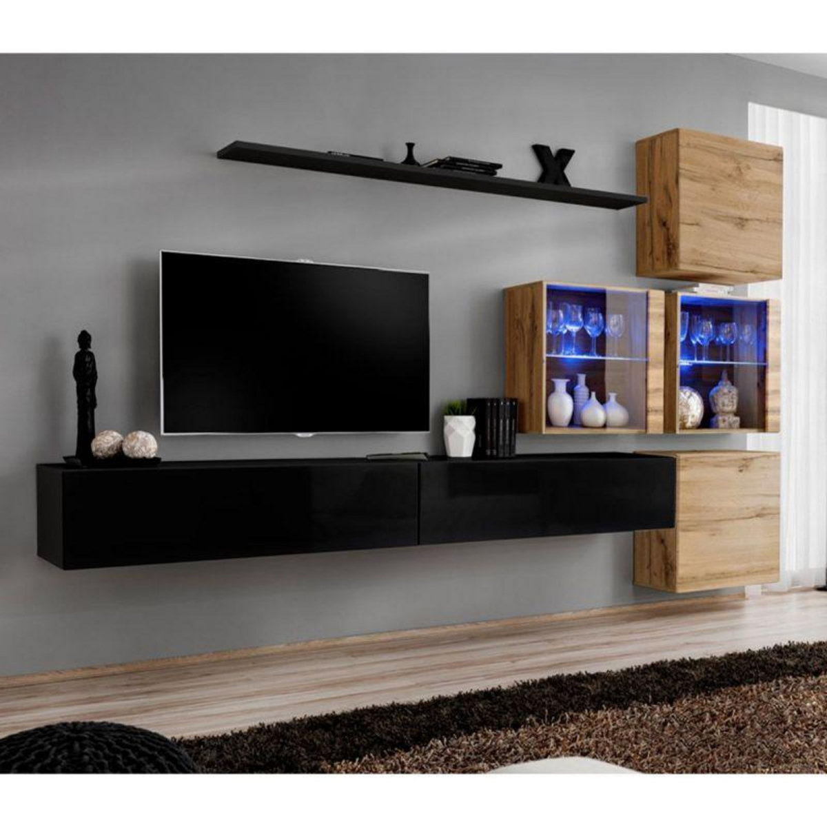 Paris Prix Meuble TV Mural Design  Switch XIX  310cm Noir & Naturel