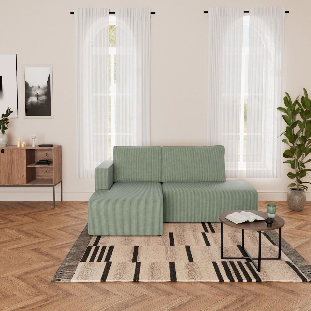 BEST MOBILIER Topaze - canapé d'angle gauche 4 places convertible avec coffre en velours côtelé