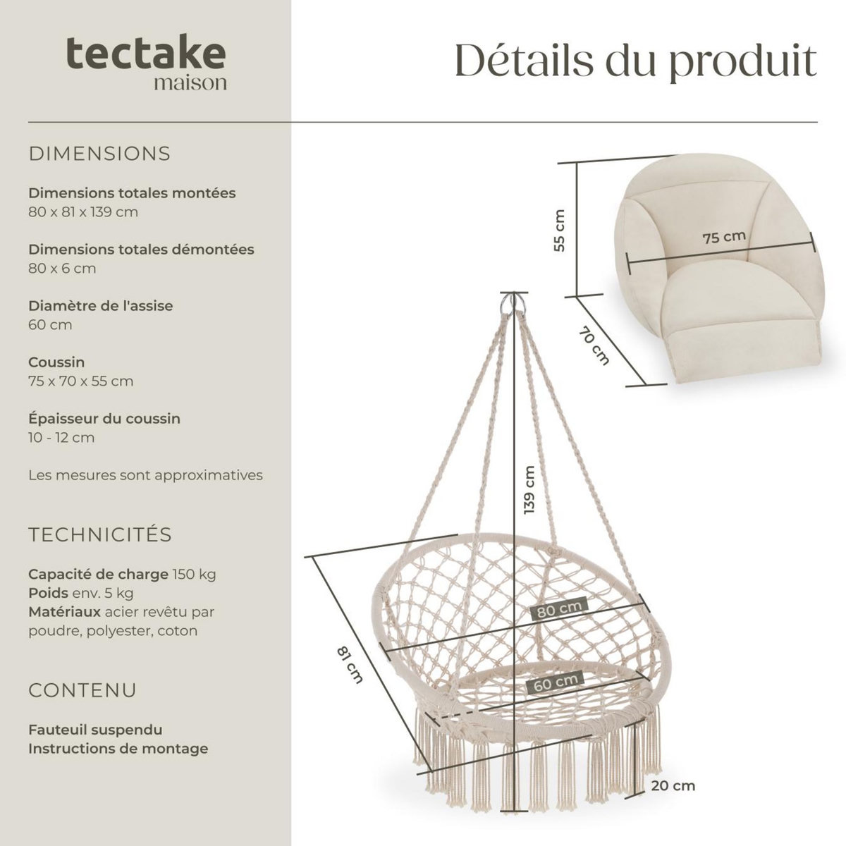tectake Fauteuil suspendu avec un coussin d'assise épais beige