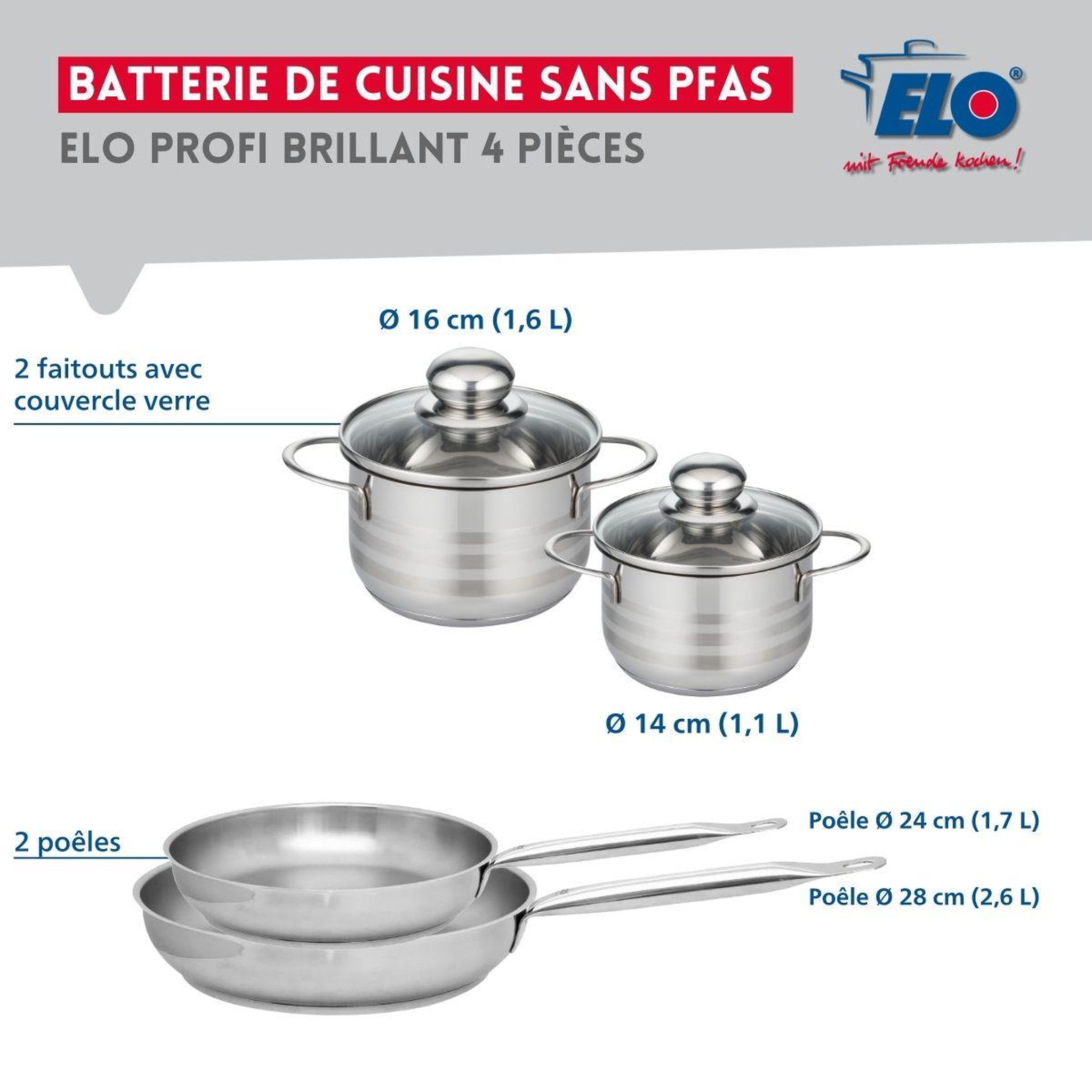 Voir la diapositive 2 : ELO Ensemble de 2 poêles de cuisson 24 et 28 cm et 2 faitouts 14 et 16 cm elo profi brillant