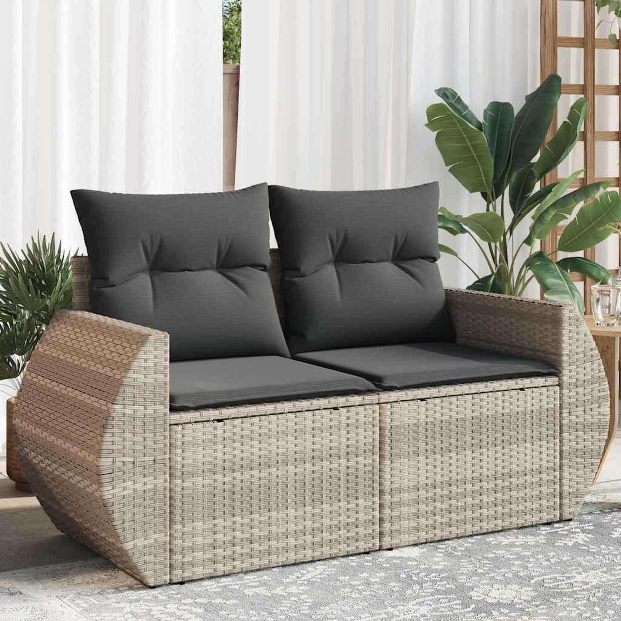 VIDAXL Canape de jardin 2 places et coussins gris clair resine tressee