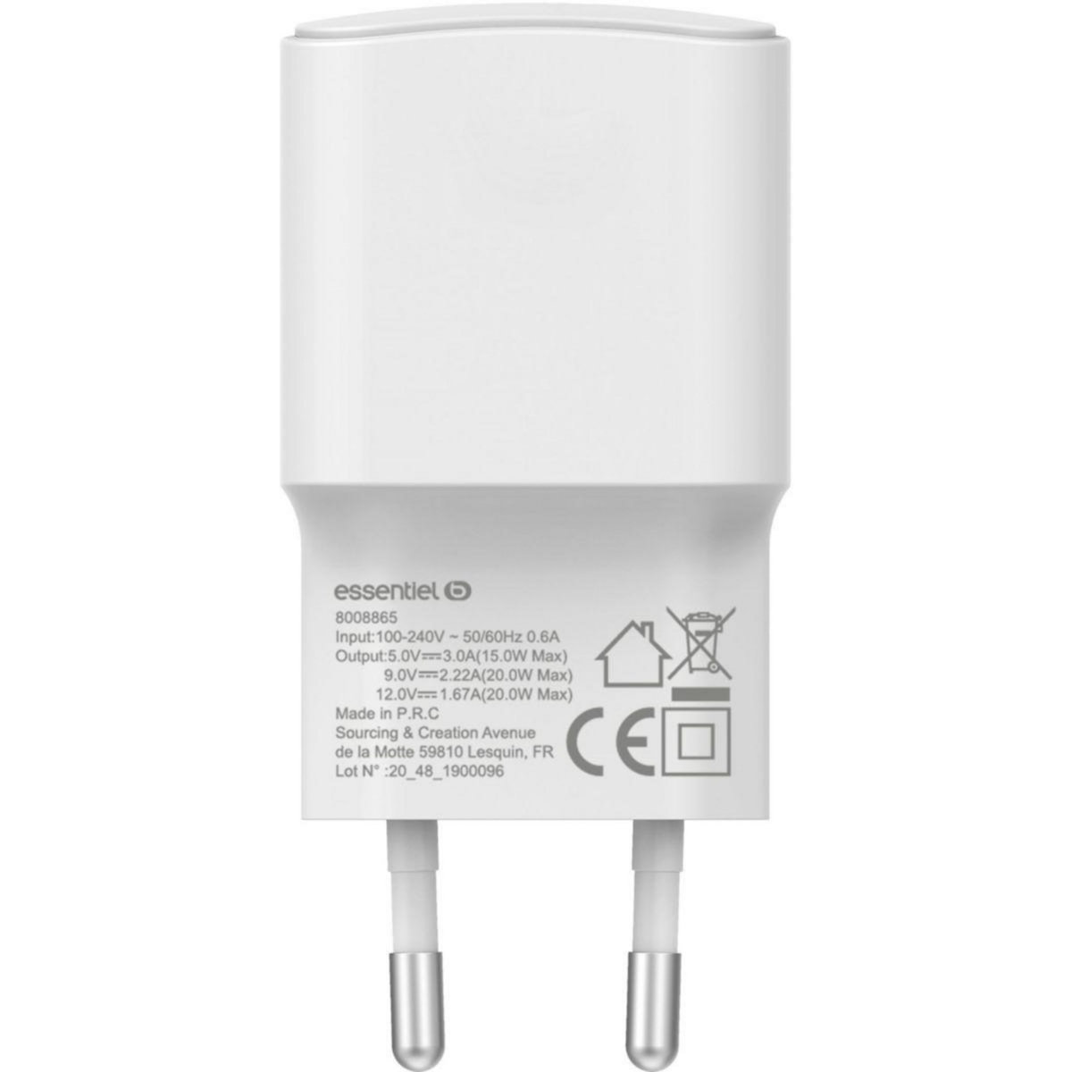 ESSENTIEL B Chargeur 20W PowerDelivery USB-C Blanc