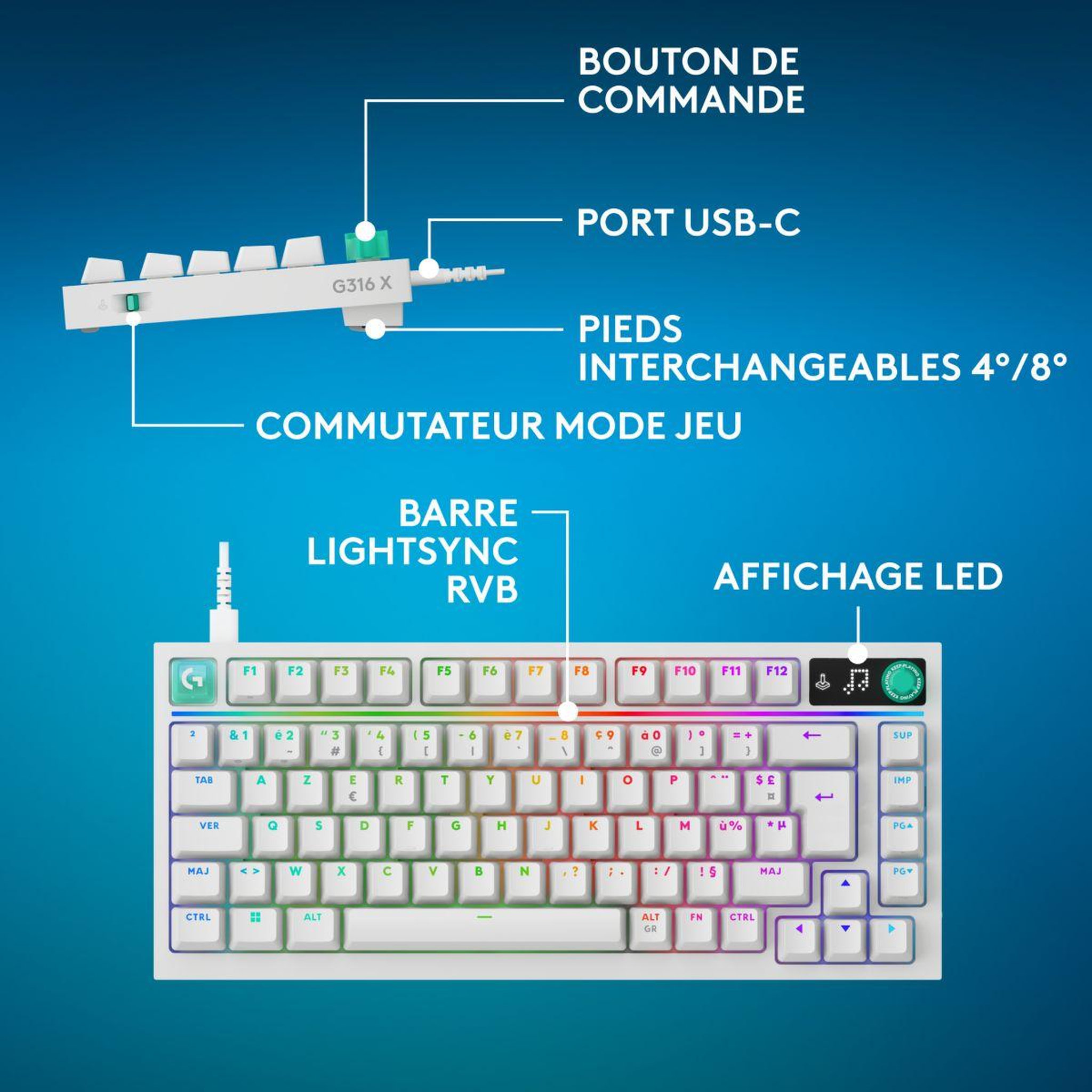 Voir la diapositive 4 : Logitech Clavier gamer sans fil G316 X 75 Blanc