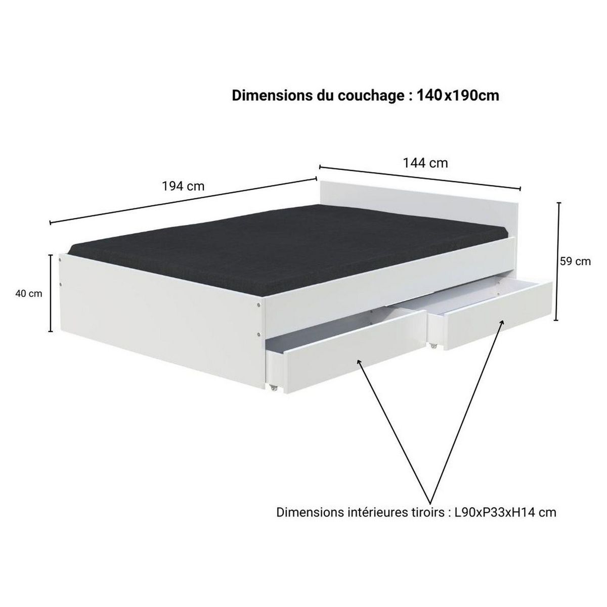 Lit avec rangements 140x190 cm, 2 tiroirs et tête de lit CAMA