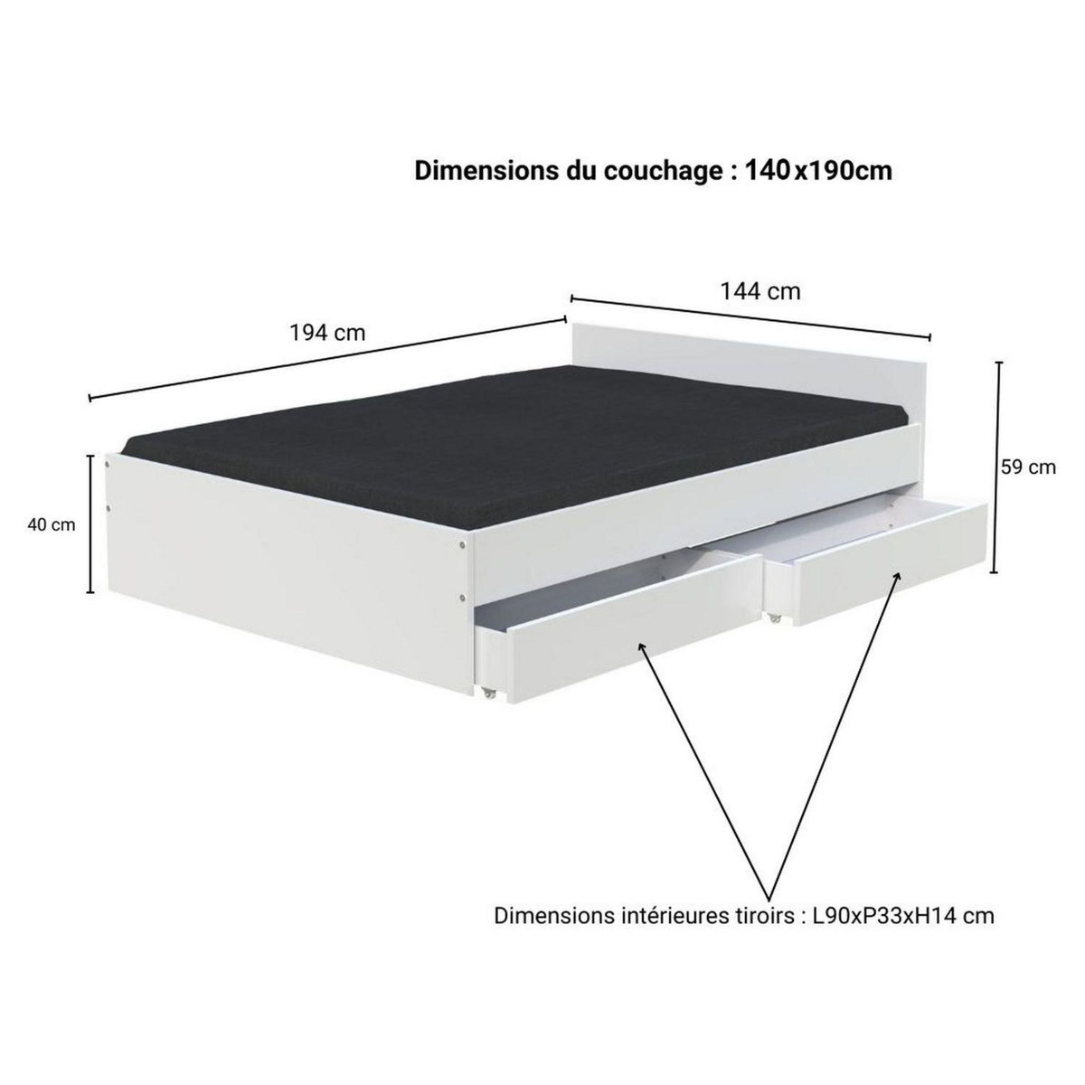 Lit avec rangements 140x190 cm, 2 tiroirs et tête de lit CAMA