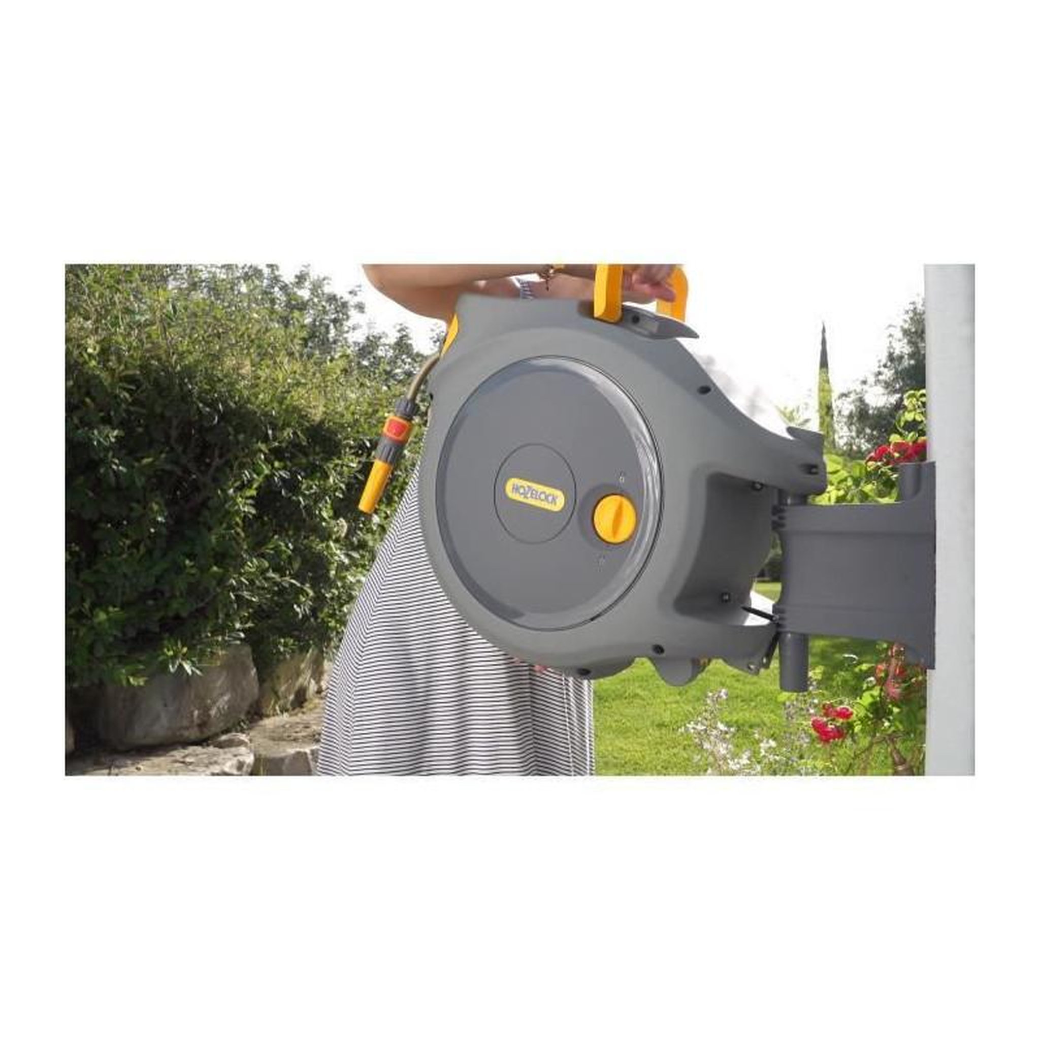Voir la diapositive 4 : Hozelock Dévidoir caréné fixation murale enroulement automatique avec tuyau 25m