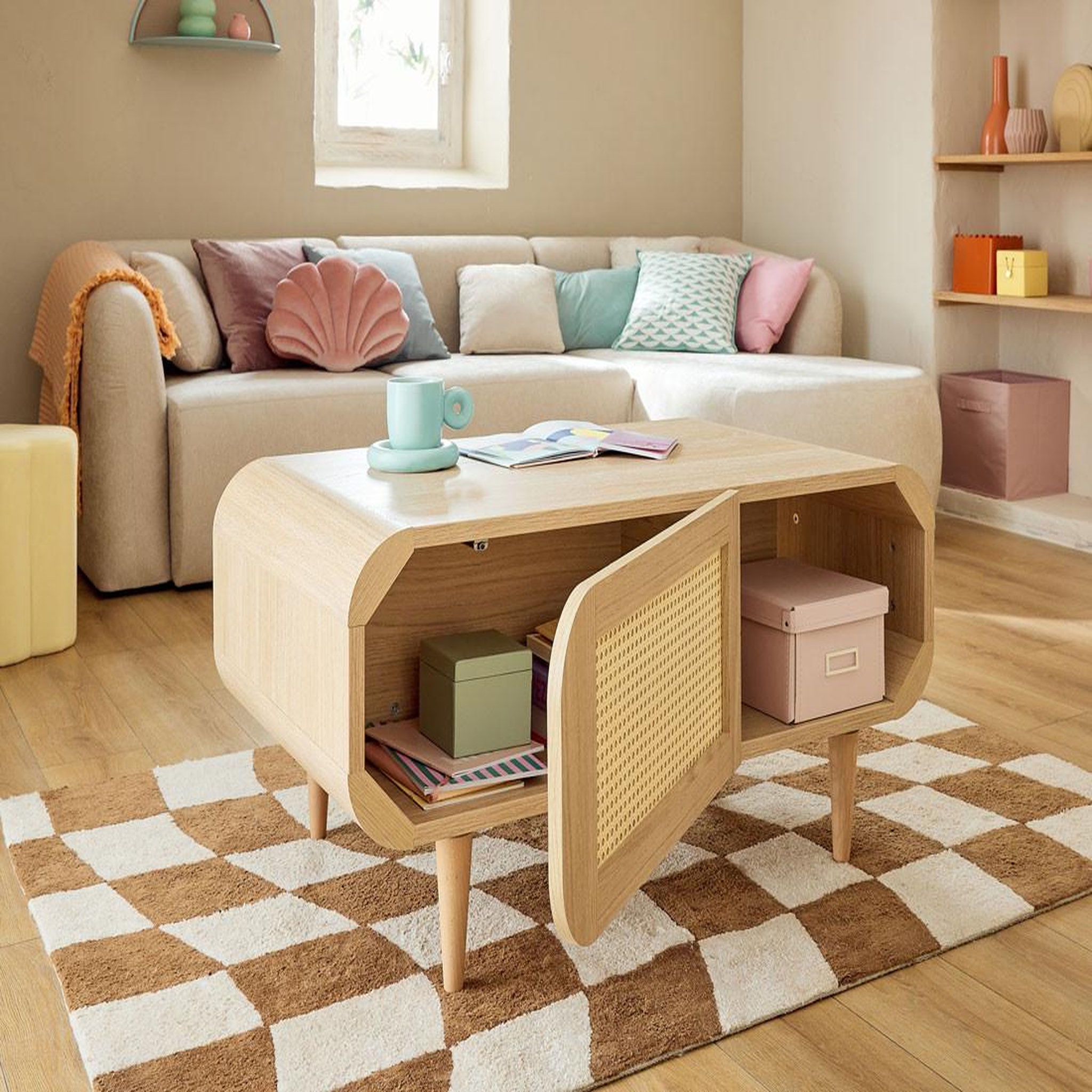 Voir la diapositive 5 : BEST MOBILIER Mathilde - table basse - effet bois et cannage - 1 niche - 100 cm