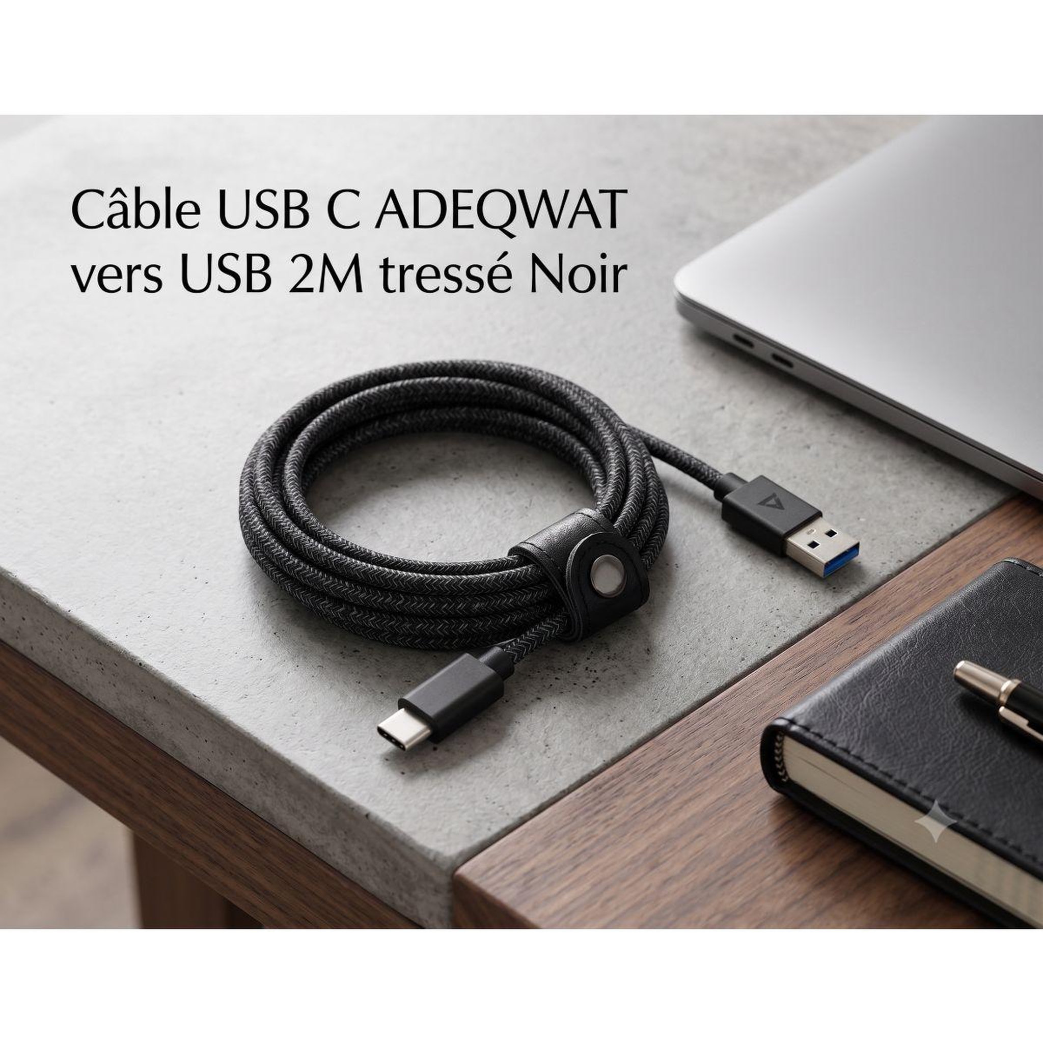 Voir la diapositive 2 : ADEQWAT Câble usb c vers usb 2m tressé noir compatible iphone 17 16 15 pro max et samsung galaxy s25 s24 ultra