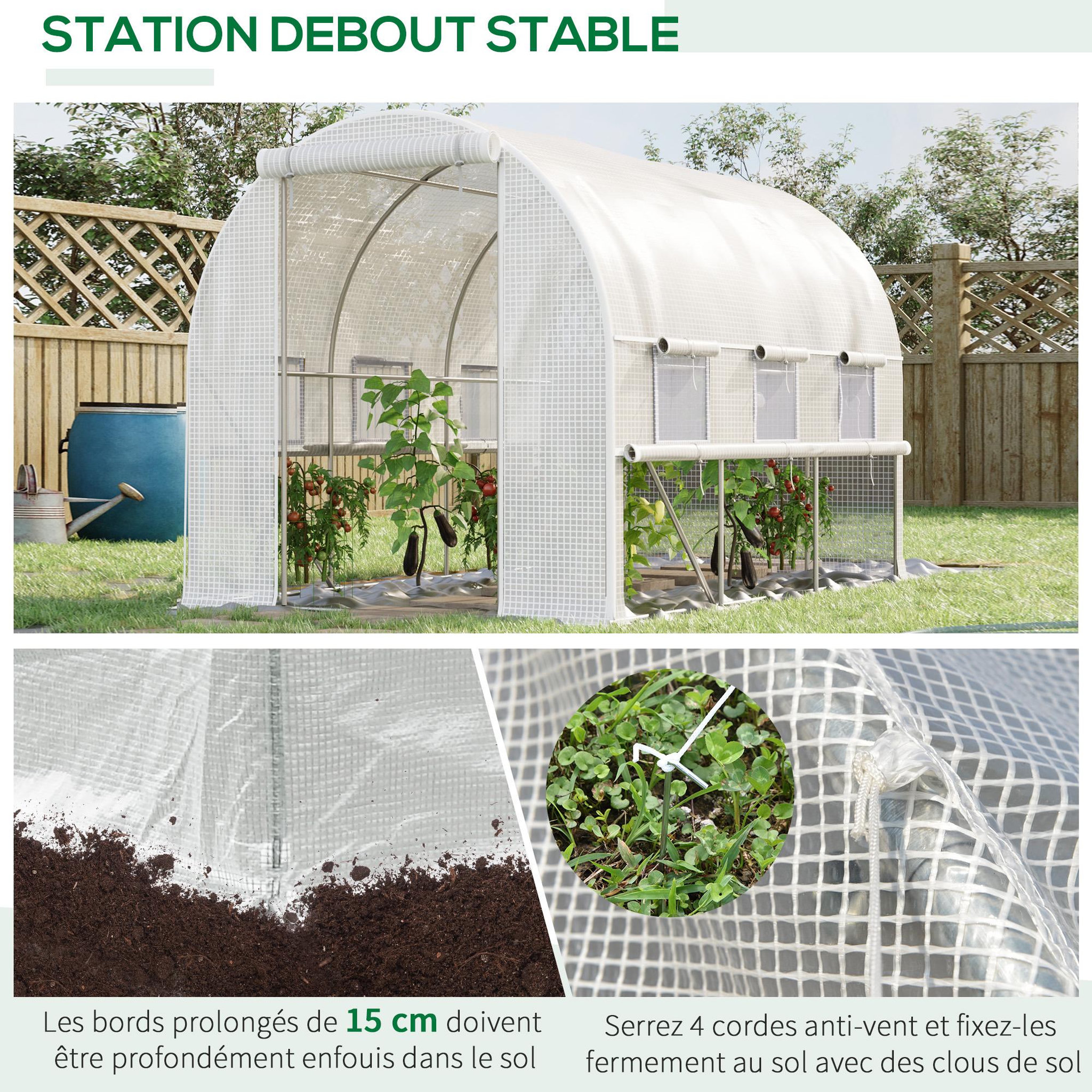 Voir la diapositive 5 : OUTSUNNY Serre de jardin tunnel 6 m² 6 fenêtres porte zippée acier galvanisé pe blanc