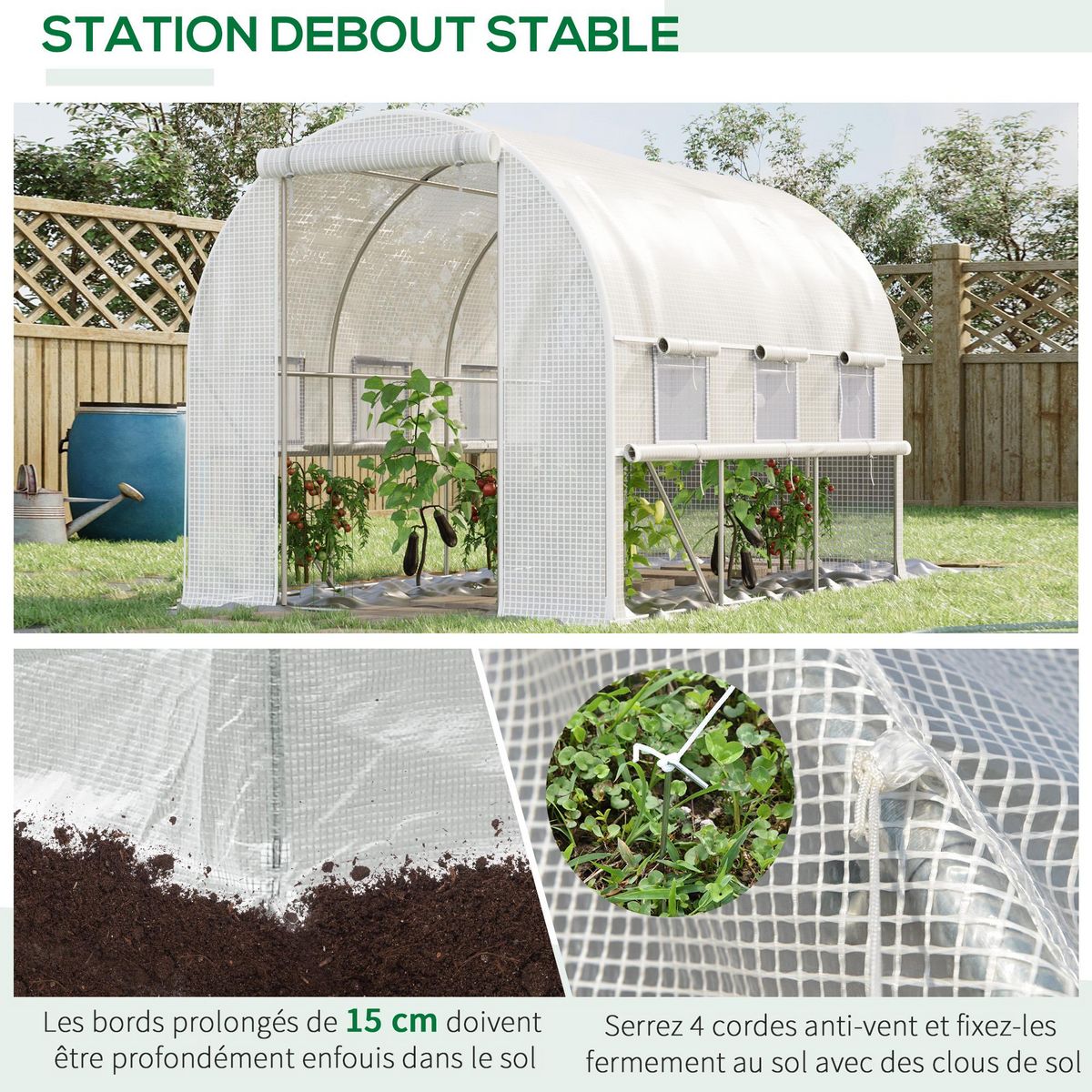 OUTSUNNY Serre de jardin tunnel 6 m² 6 fenêtres porte zippée acier galvanisé PE blanc