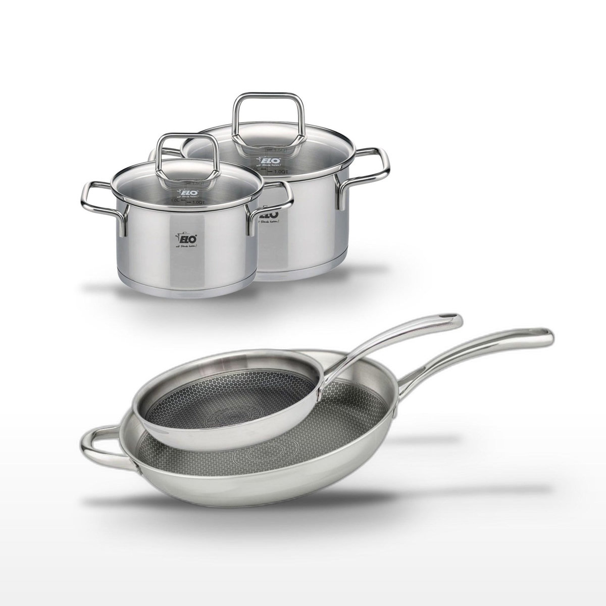 ELO Lot Poêles 32cm & 28cm et Faitouts 14cm & 16cm Elo Relief Evolution