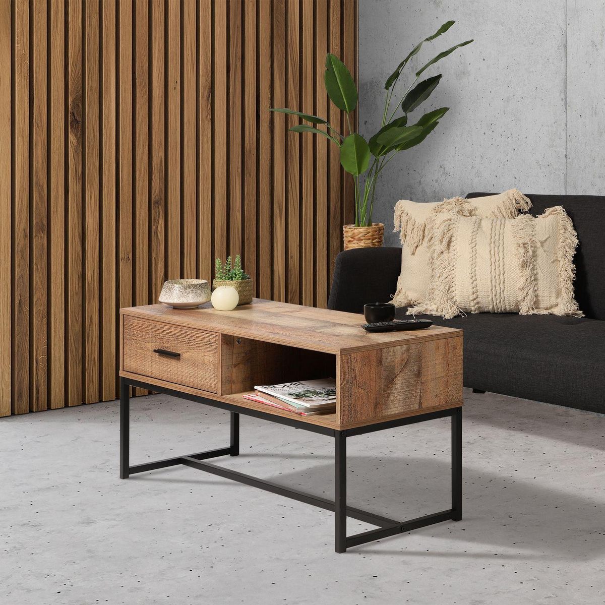 TOILINUX Table basse Riverside - 1 tiroir - Largeur 100 cm - Métal et Bois