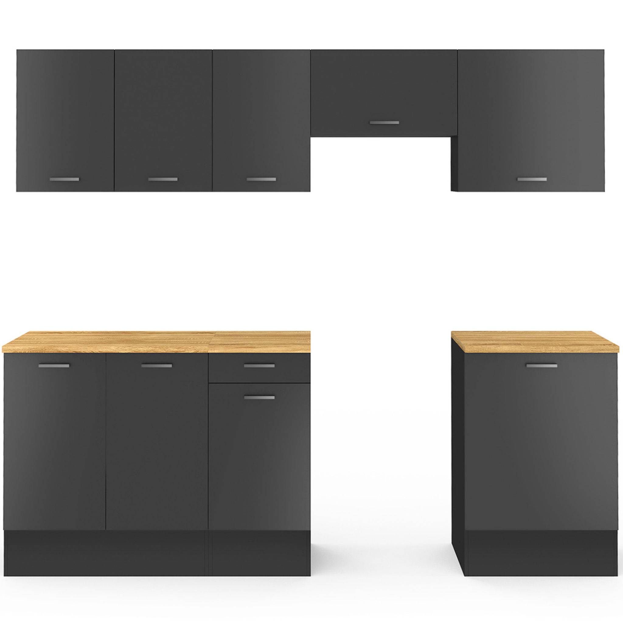 Voir la diapositive 3 : ID MARKET Cuisine complète 240 cm subtil avec plan de travail 7 éléments noir et plateaux bois
