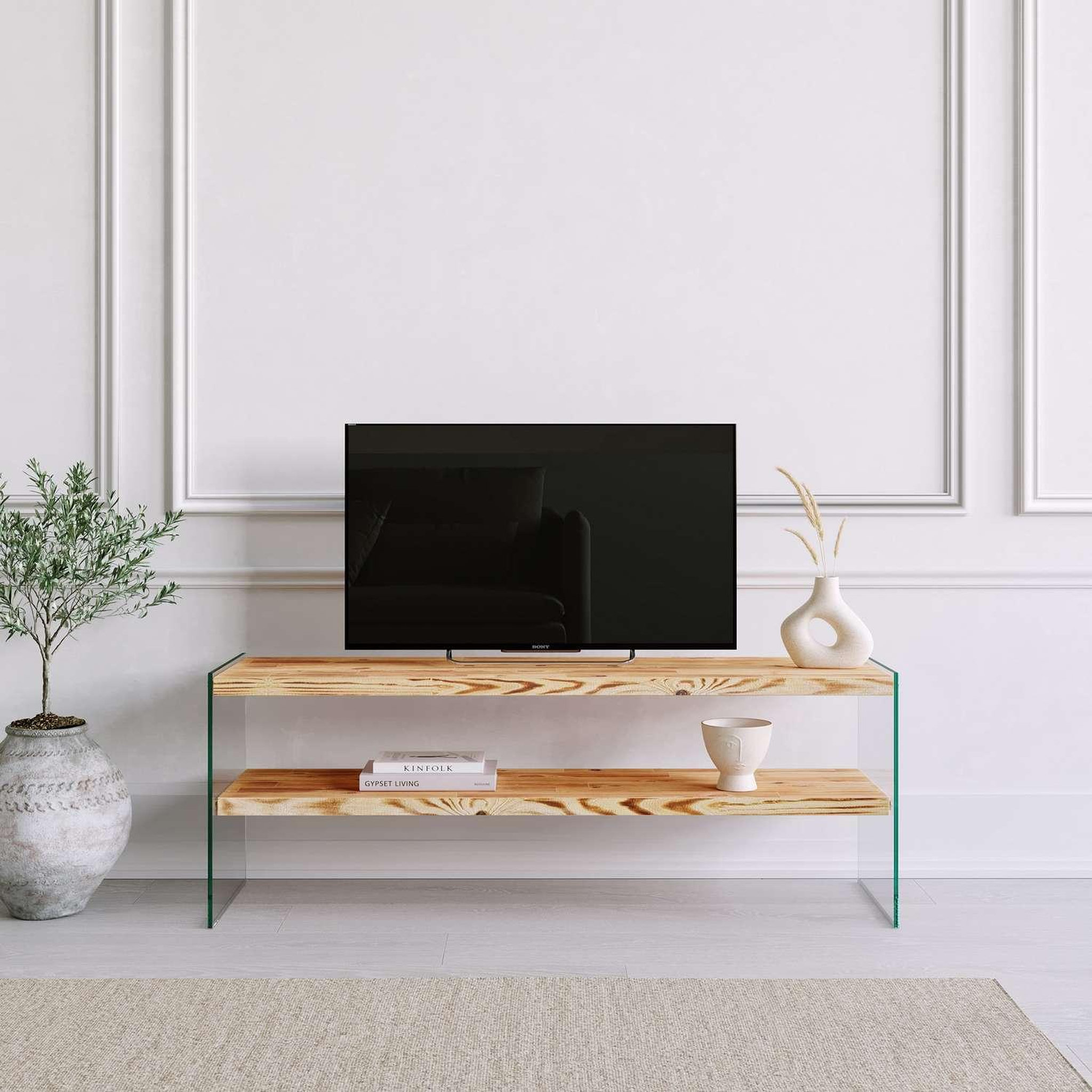 Voir la diapositive 5 : TOILINUX Meuble tv 1 étagère crustallia en verre et bois - transparent et beige