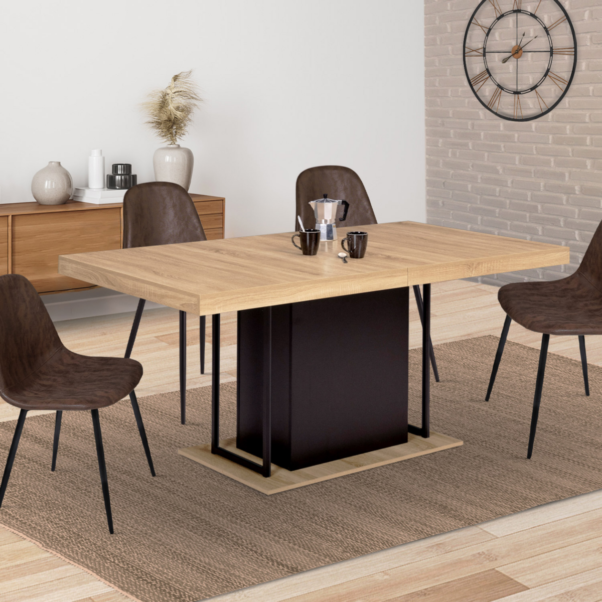 ID MARKET Table à manger extensible rectangle UGO 6-10 personnes bois façon hêtre et noir 160-200 cm
