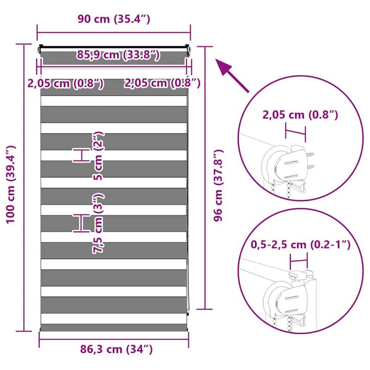 VIDAXL Store zebre gris fonce largeur du tissu 85,9 cm polyester