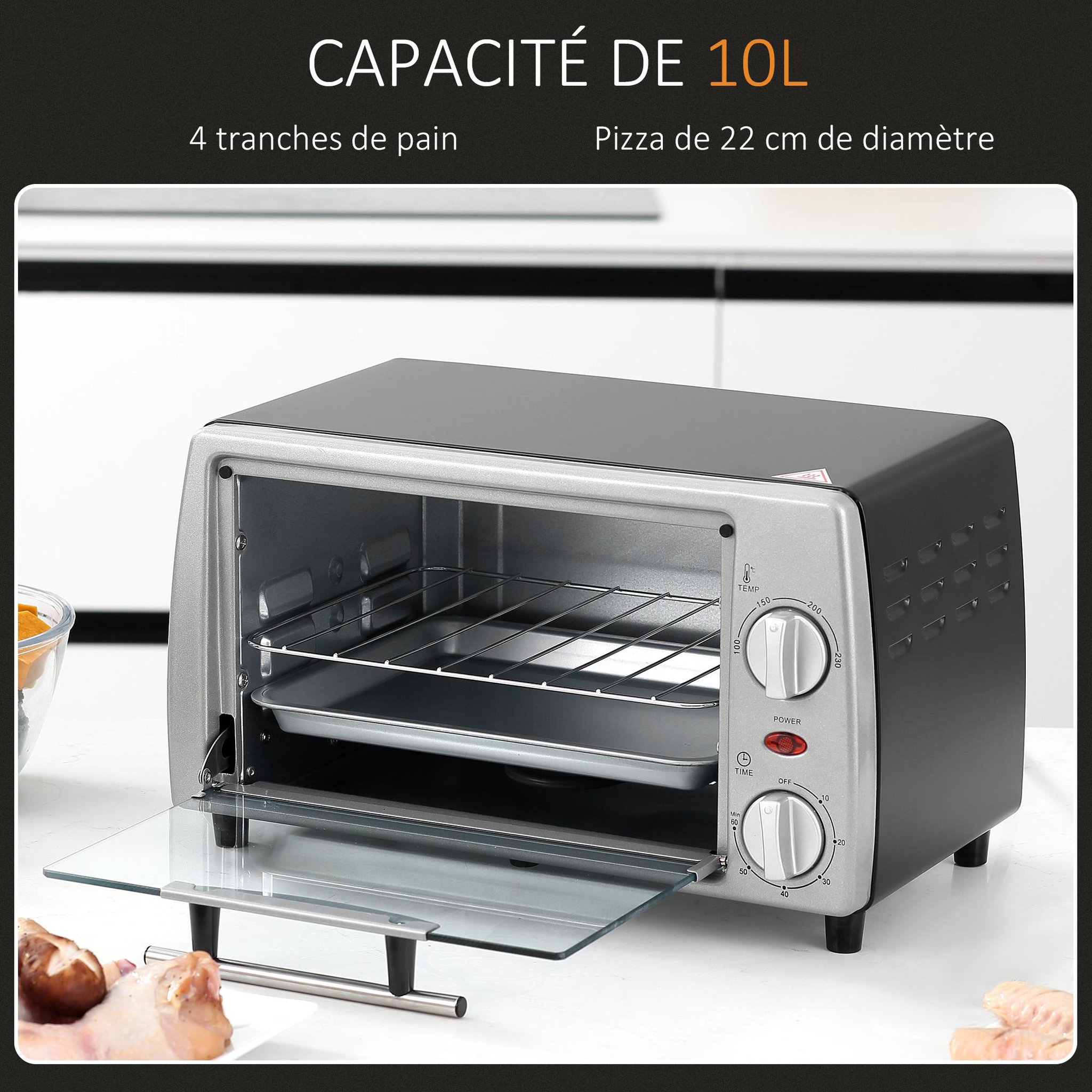 Voir la diapositive 4 : HOMCOM Mini four électrique 750W 10L - grille, plateau - température réglable 100-230°C, timer - noir