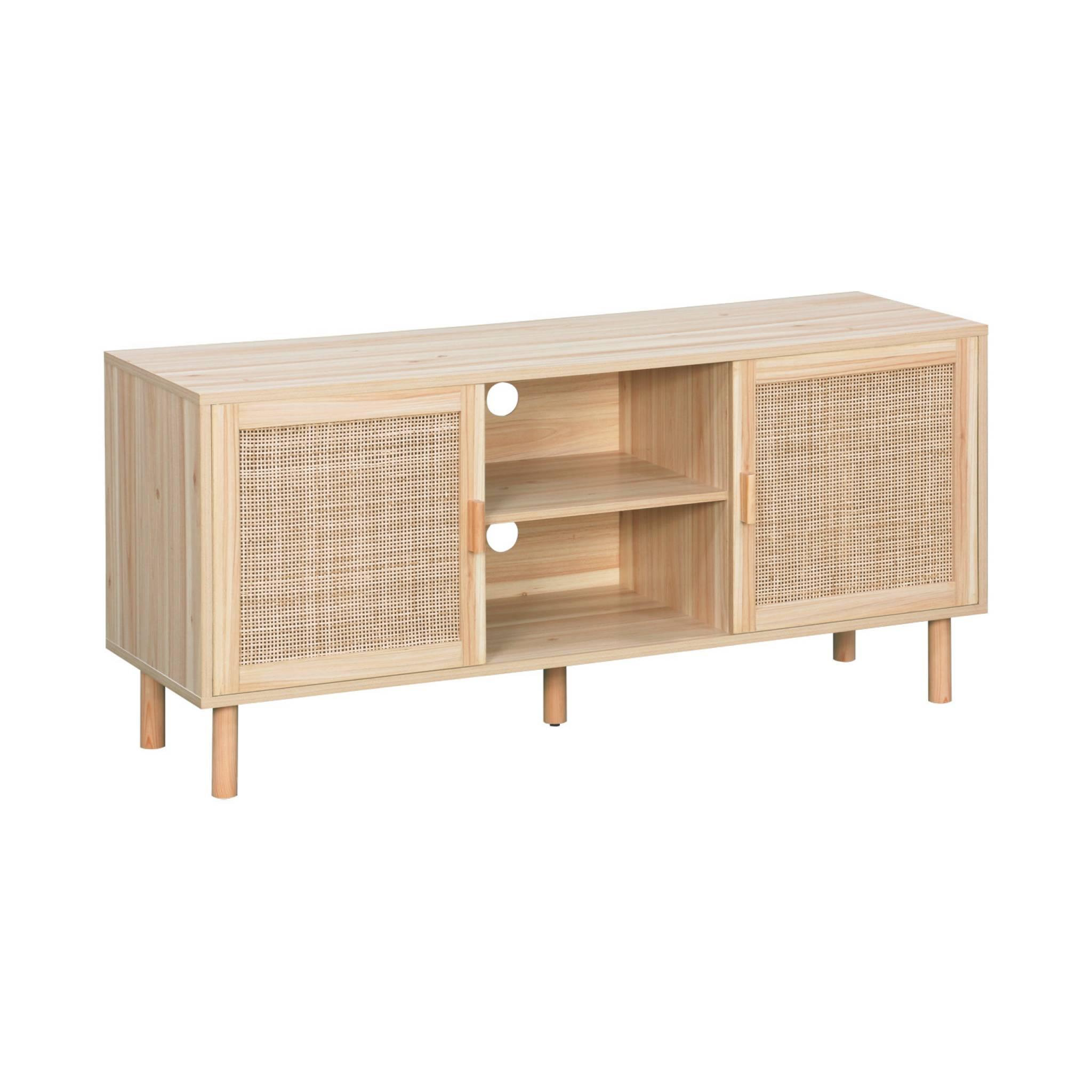 Voir la diapositive 1 : SWEEEK Meuble TV cannage et effet bois. 2 portes et 1 étagère. 120cm
