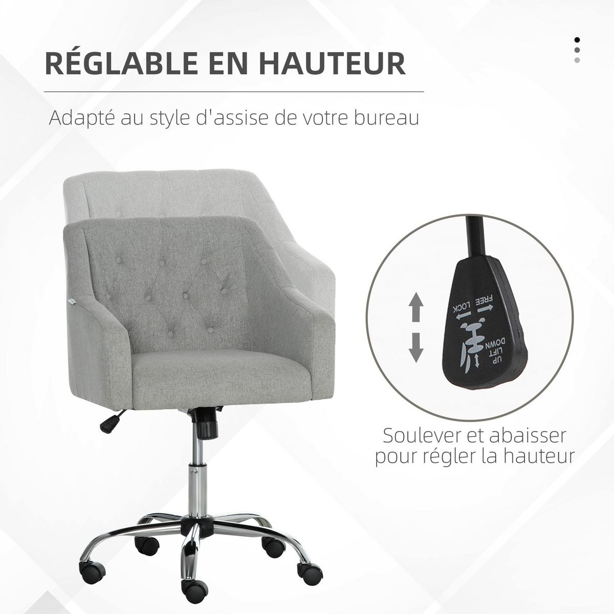 VINSETTO Chaise de bureau design Chesterfield capitonné hauteur réglable pivotant 360° fonction bascule piètement chromé tissu gris