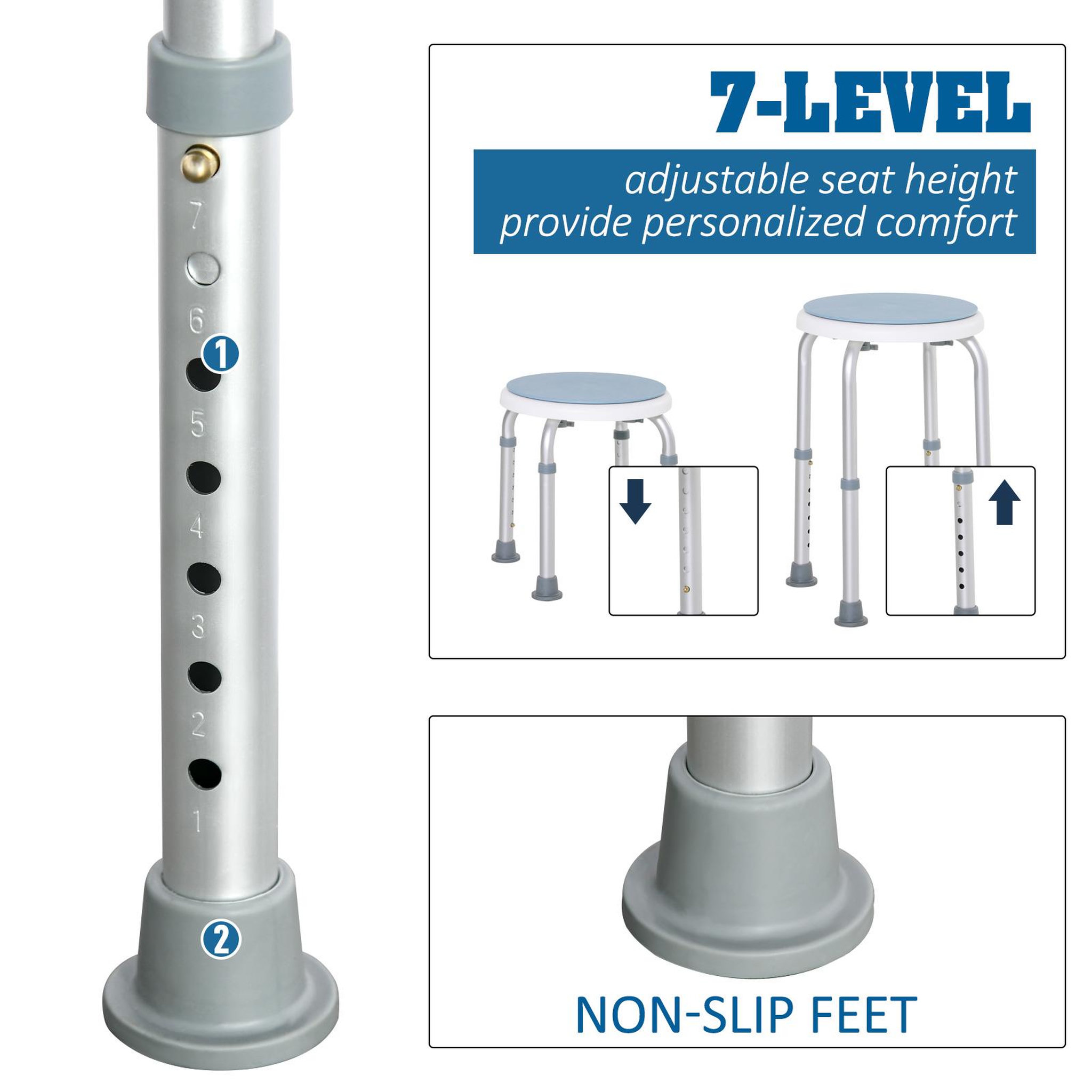 Voir la diapositive 5 : HOMCOM Tabouret de douche siège de douche - hauteur réglable, pivotant 360° - alu pp blanc bleu
