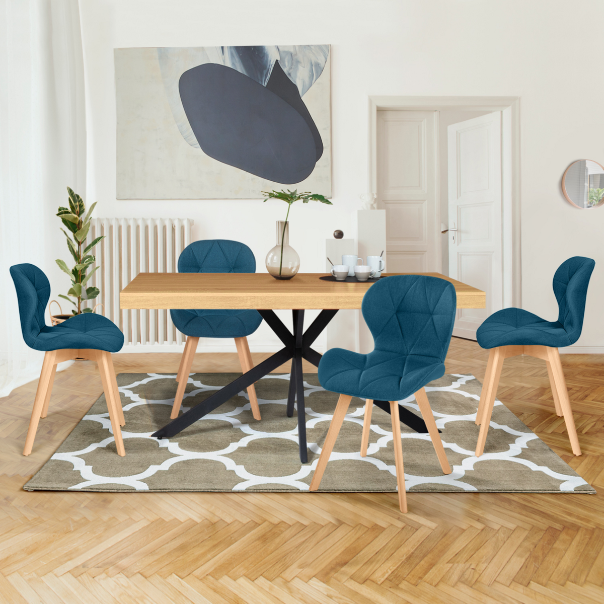 ID MARKET Lot de 4 chaises ROBINE en tissu bleu canard pour salle à manger