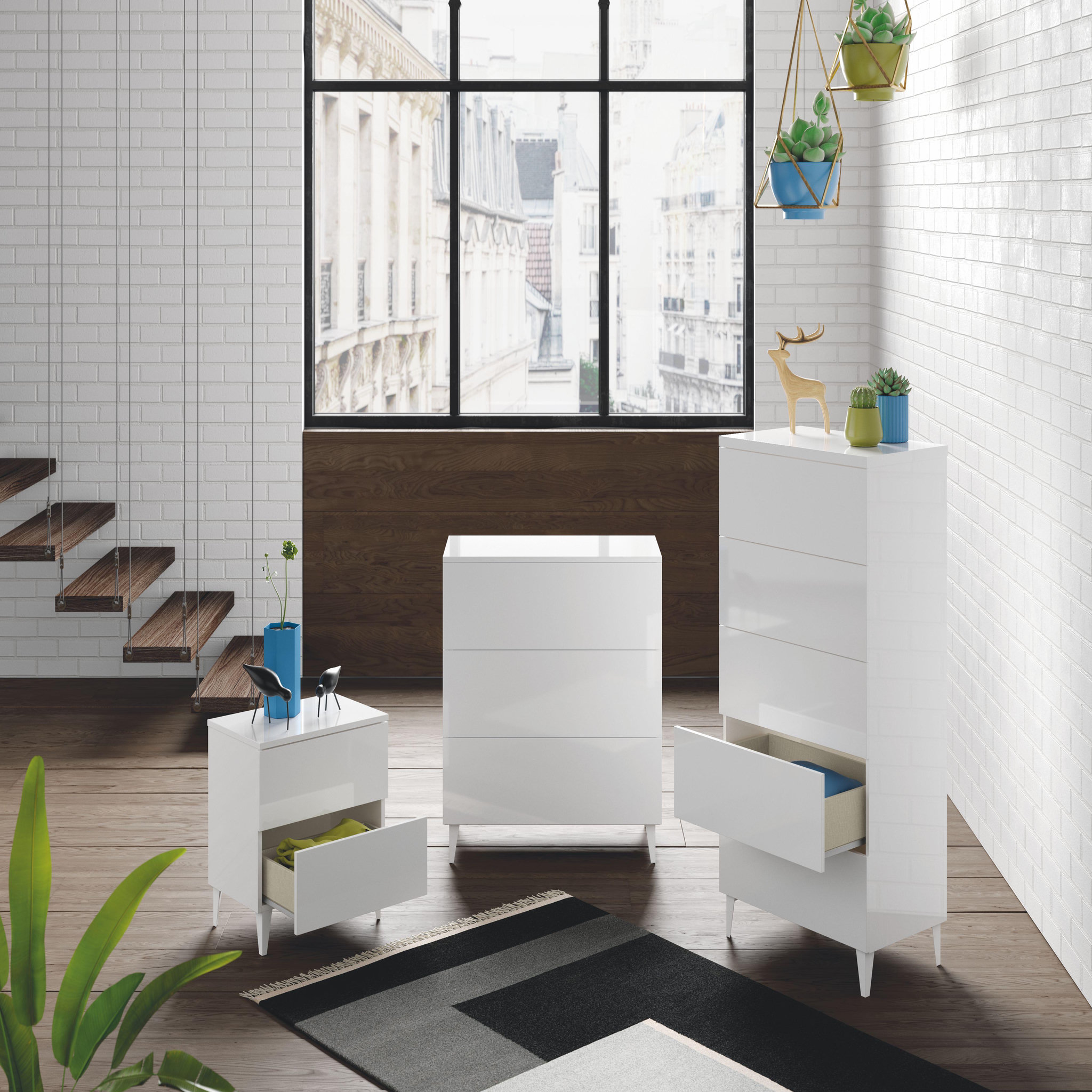 Voir la diapositive 2 : VS VENTA-STOCK Commode 3 tiroirs Vera Couleur Blanc Brillant, Largeur 80 cm