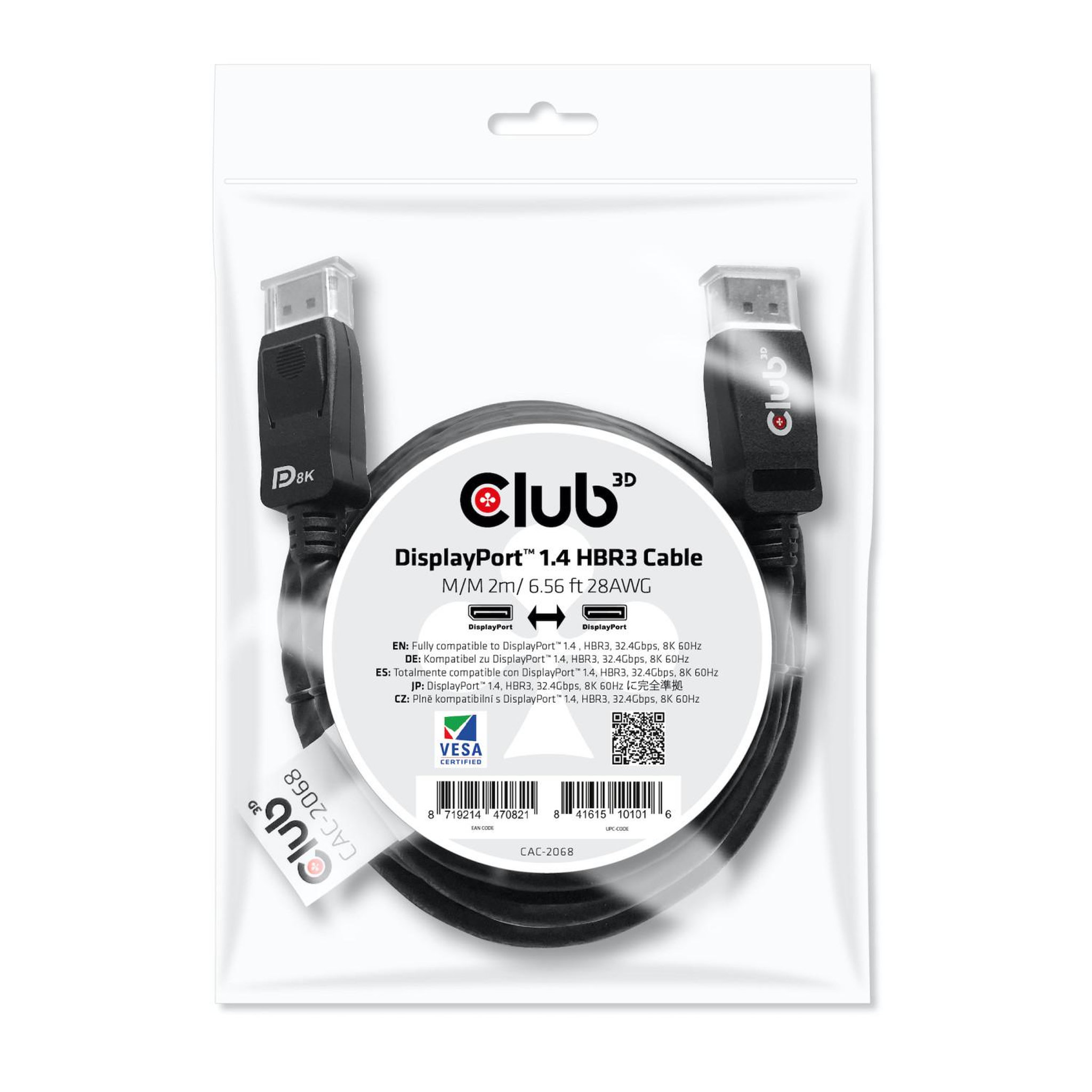 Voir la diapositive 3 : CLUB 3D CLUB3D DisplayPort 1.4 HBR3 Cable 2m/6.56ft M/M 8K60Hz