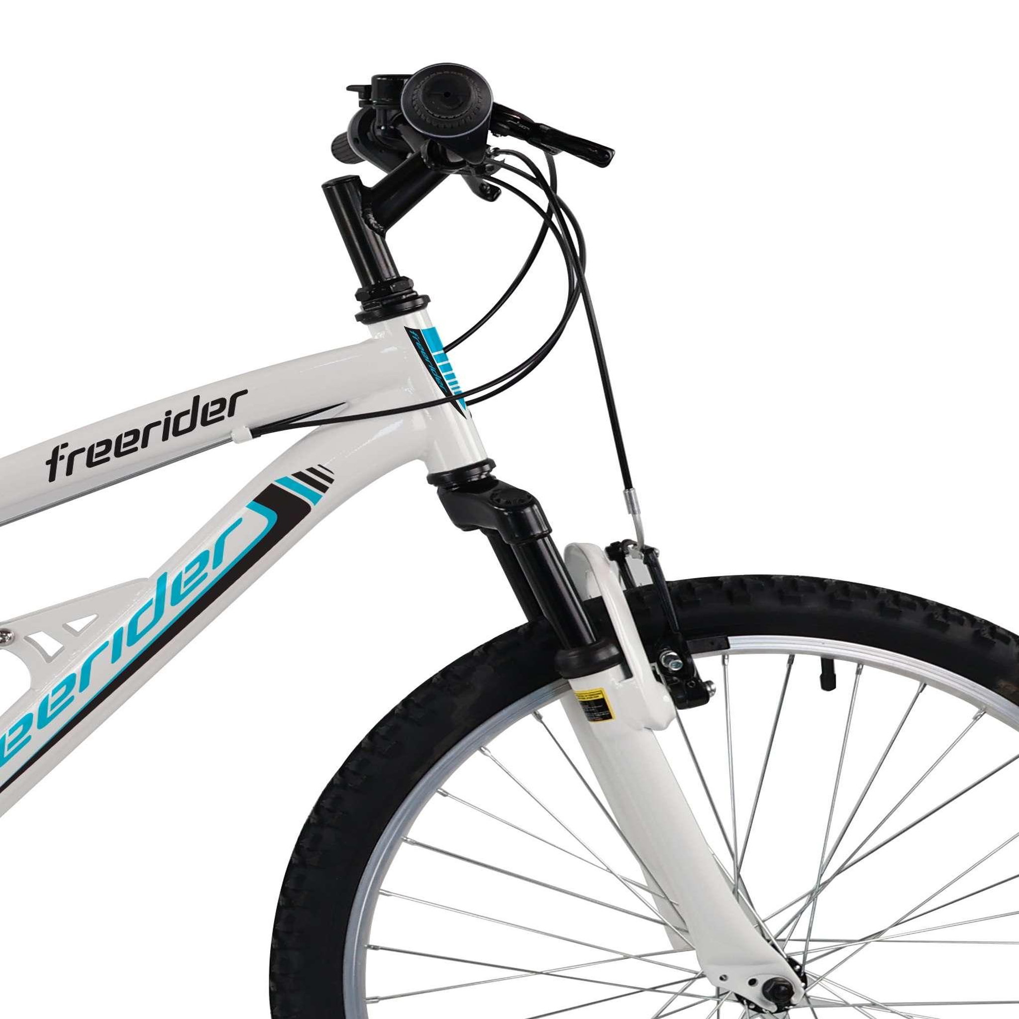 Voir la diapositive 2 : FREERIDER Vélo VTT 24'' avec cadre suspendu et fourche télescopique - 18 Vitesses Indexées via poignées tournantes indexées Grip Shift- Dérailleur arrière Shimano TY21 - Freins V-Brake en composite noire - Jantes en Aluminium avec attache rapide avant Sonnette.