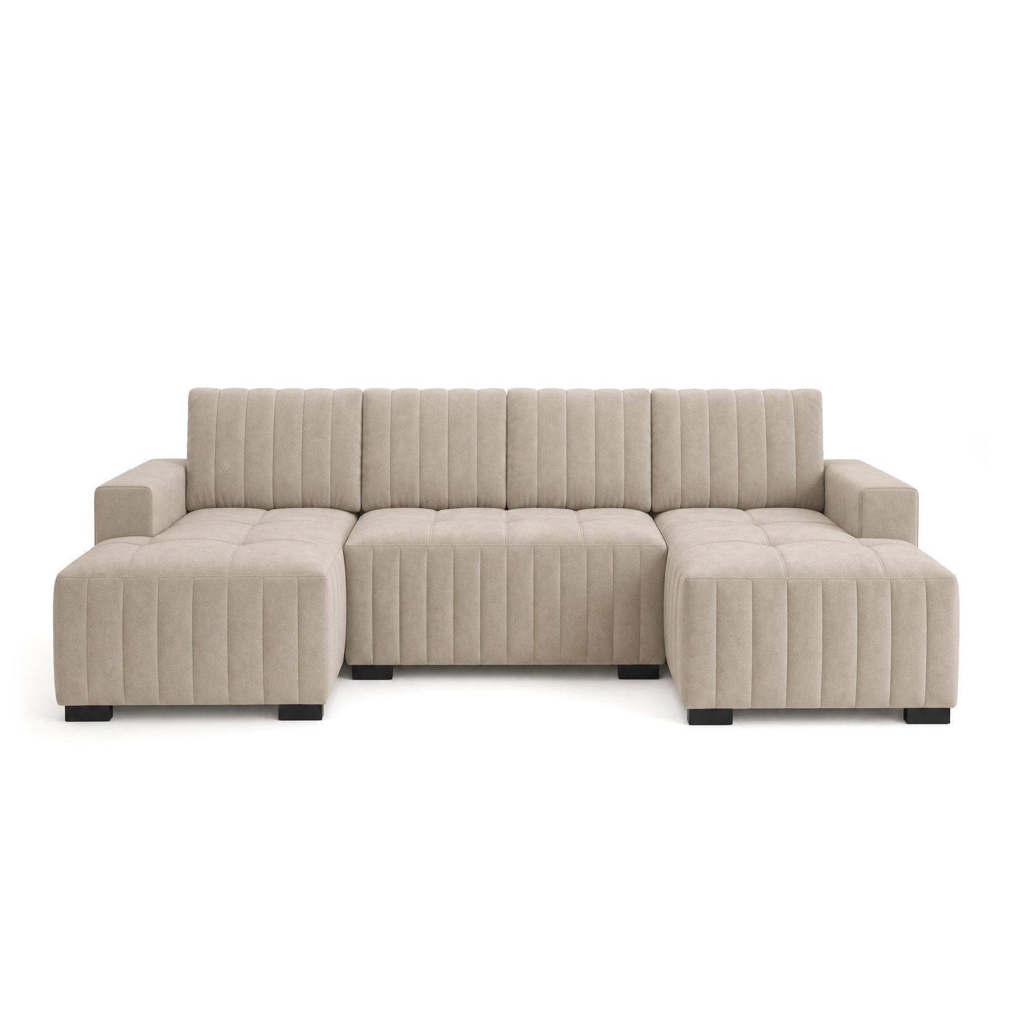 BEST MOBILIER Lazare - canapé panoramique en u 7 places convertible avec coffre en velours. Coloris disponibles : Beige, Blanc, Vert, Bleu