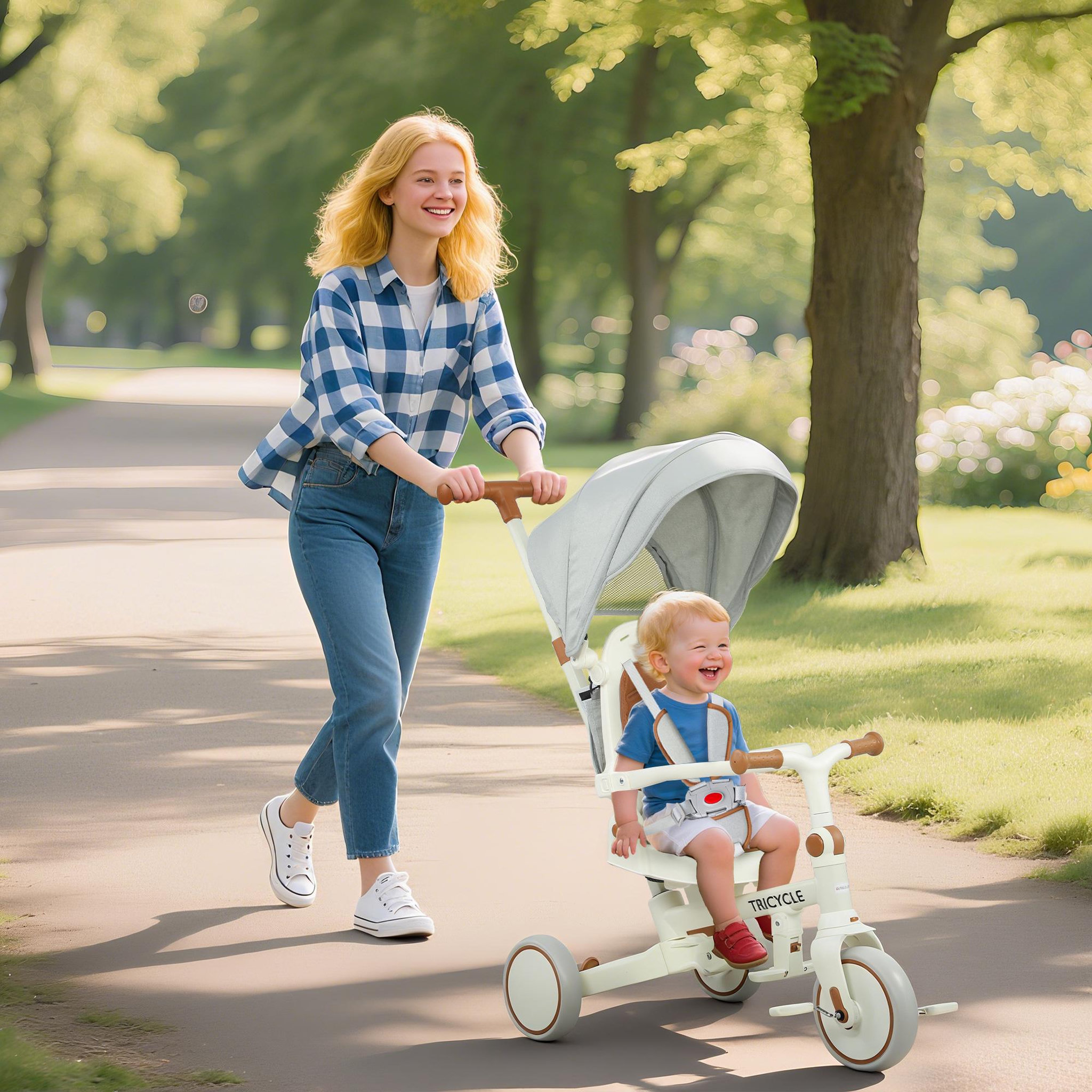 Voir la diapositive 2 : HOMCOM Tricycle enfant pliable évolutif 5 en 1 poignée telescopique auvent amovible marron crème