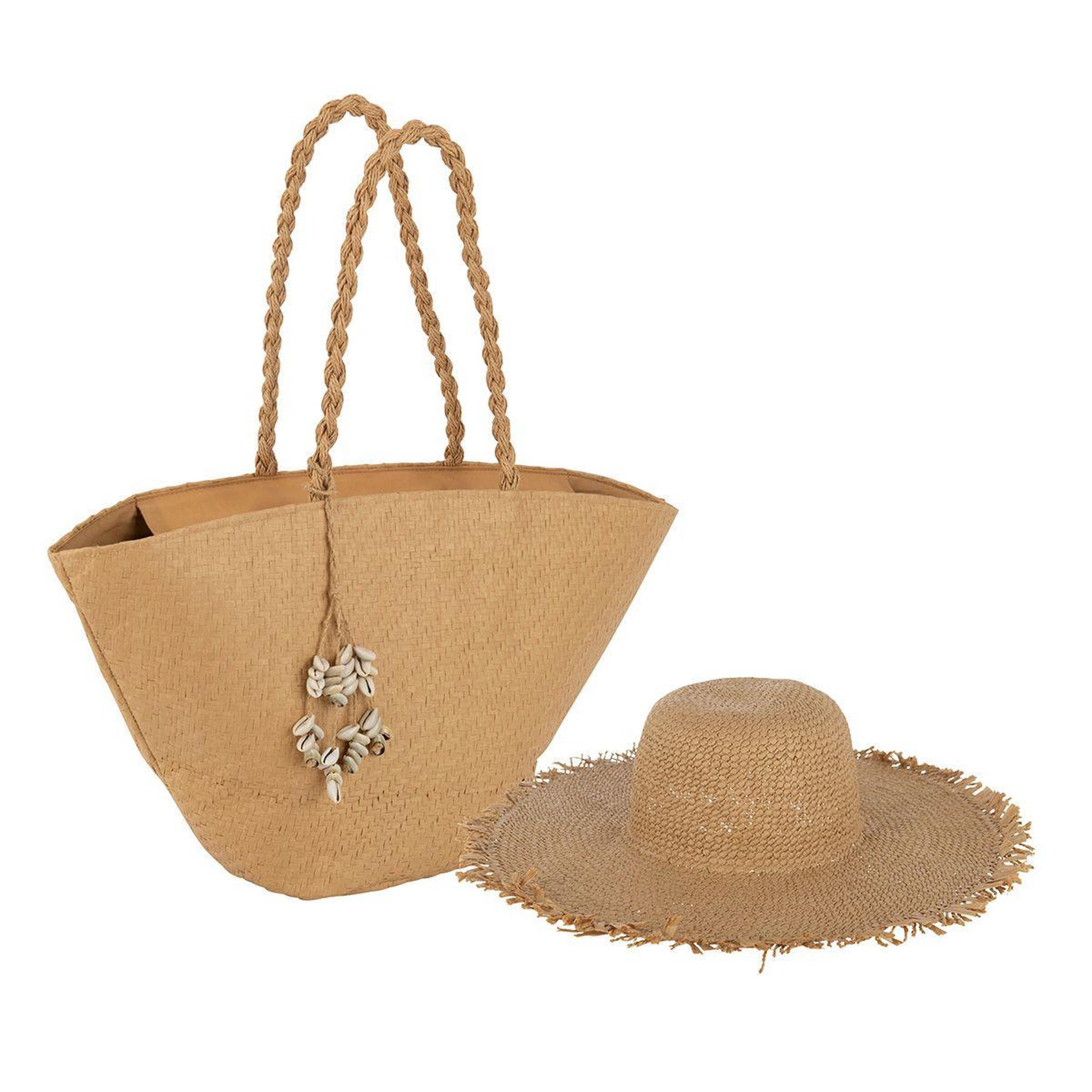 Voir la diapositive 1 : J-LINE Ensemble sac de plage & chapeau  coquillages  57cm naturel